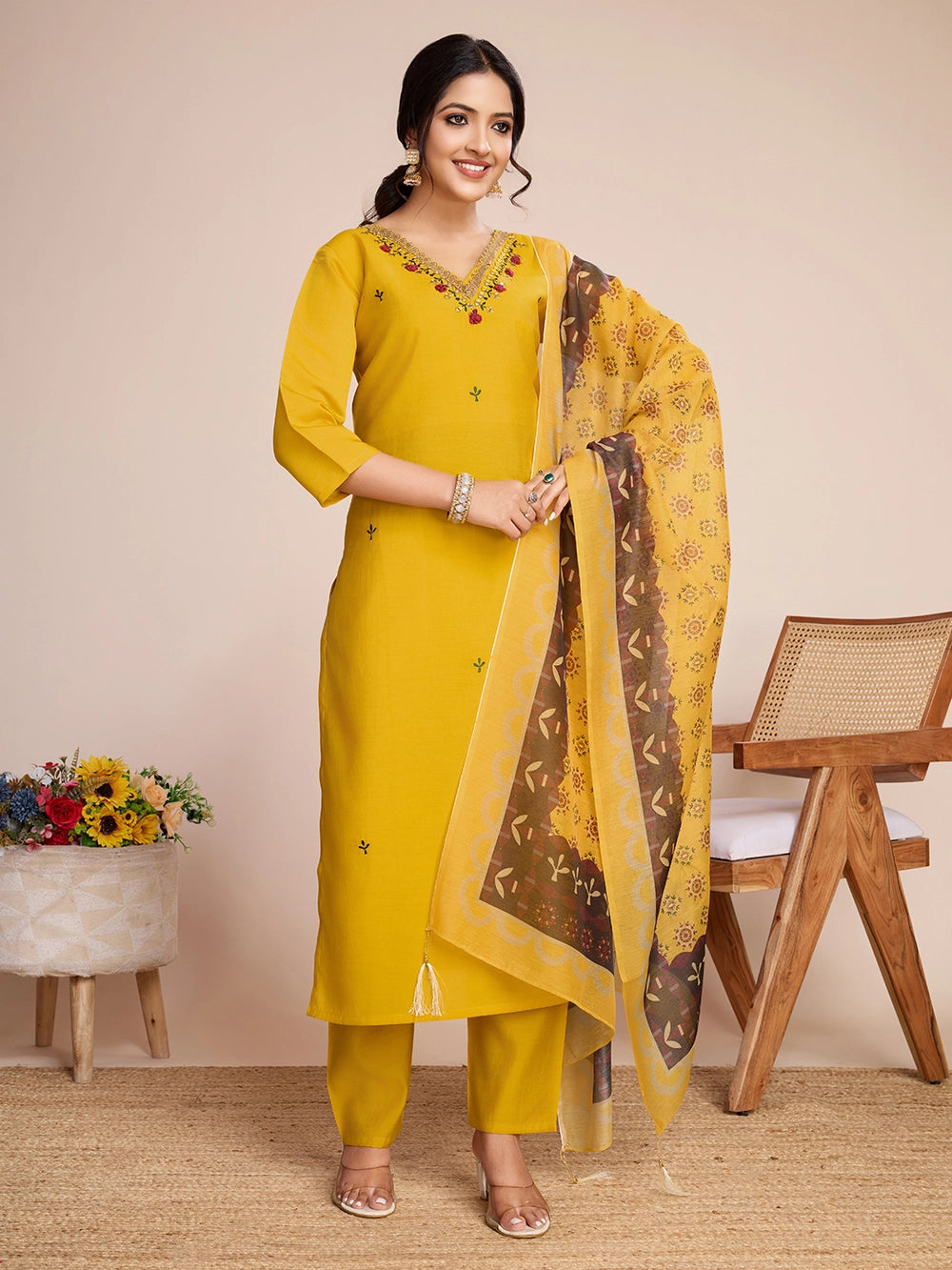 Mustard Yellow PV Chanderi Roman Silk Kurti Set - Rheycart