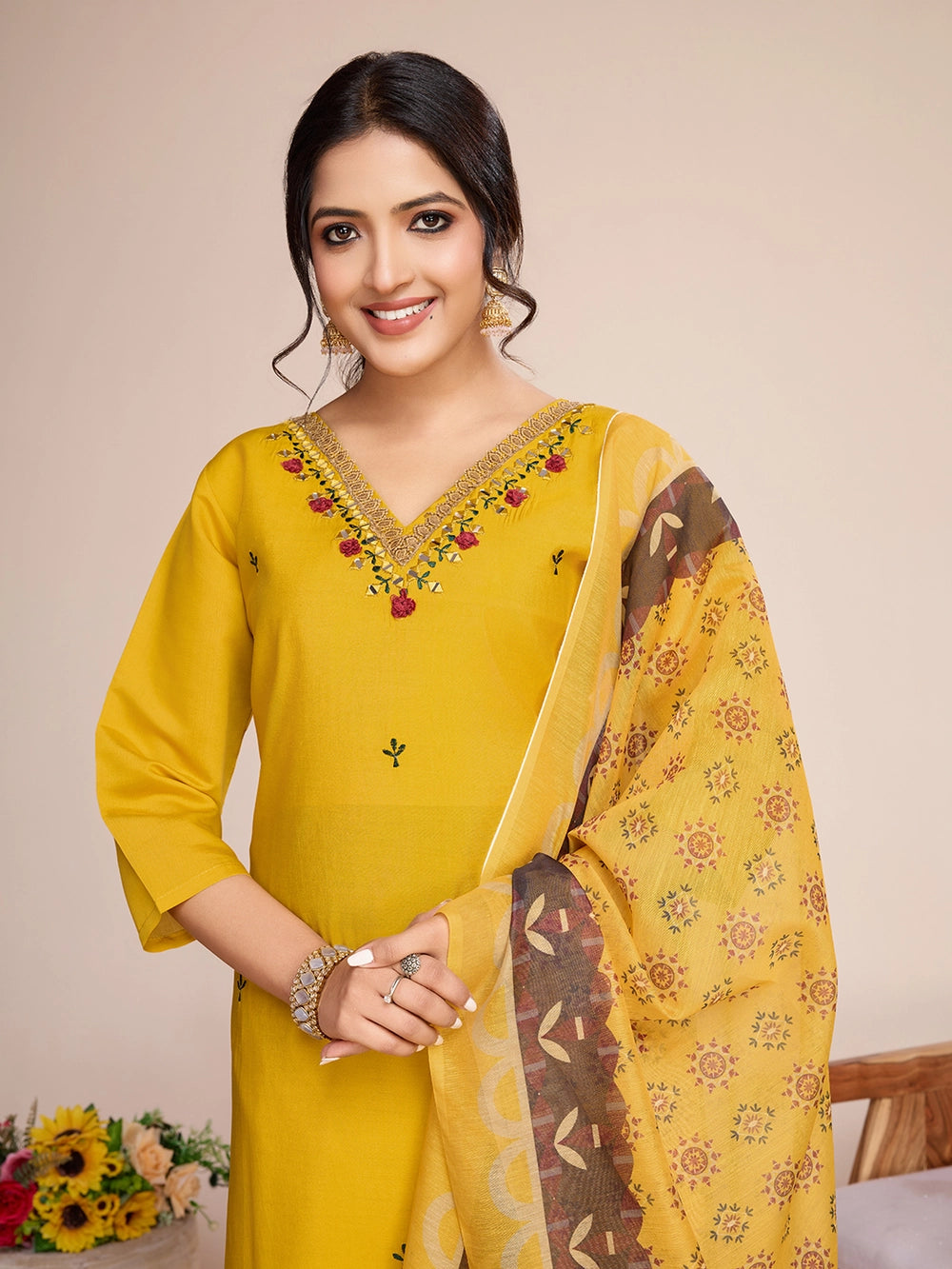 Mustard Yellow PV Chanderi Roman Silk Kurti Set - Rheycart