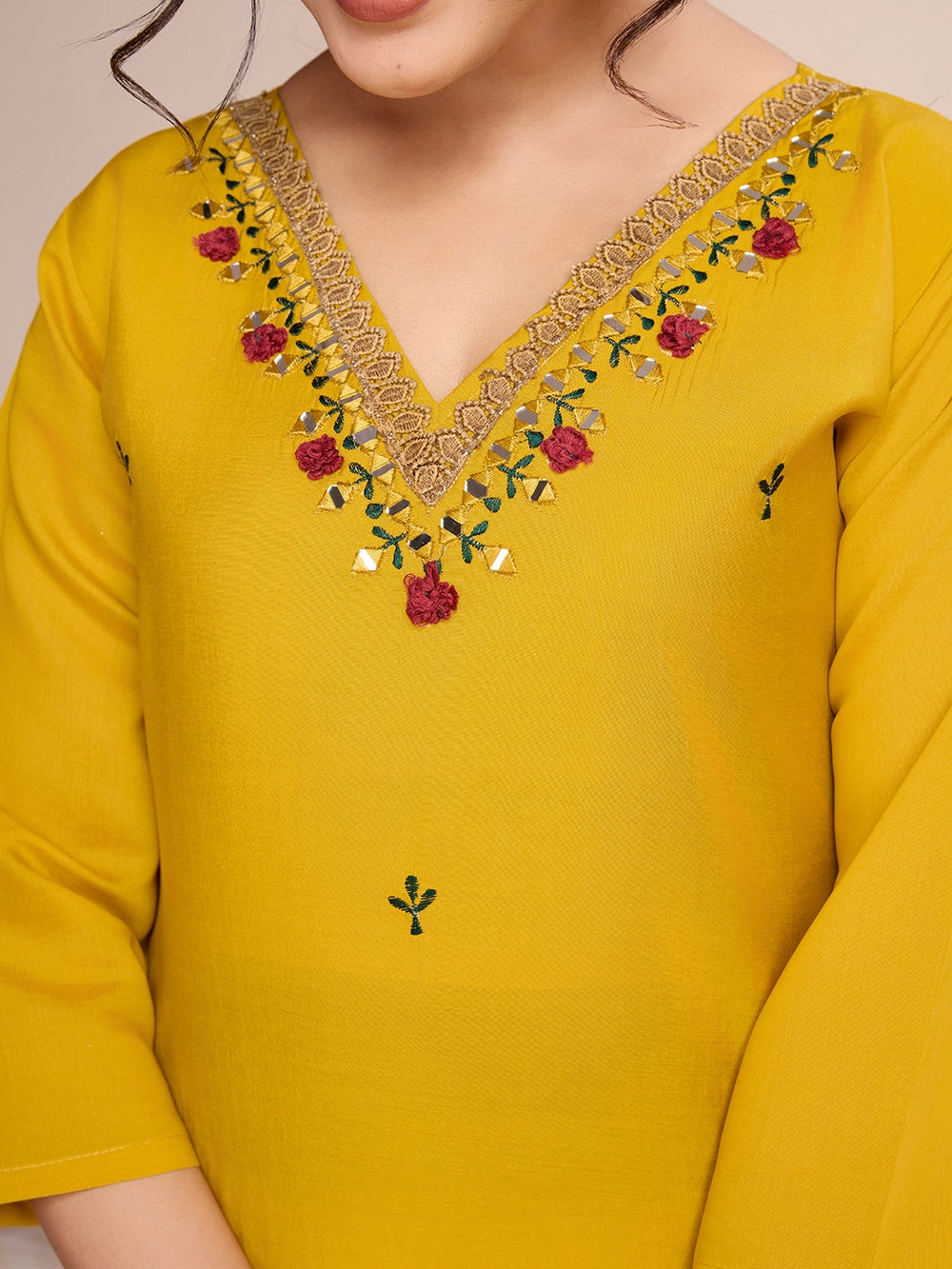 Mustard Yellow PV Chanderi Roman Silk Kurti Set - Rheycart