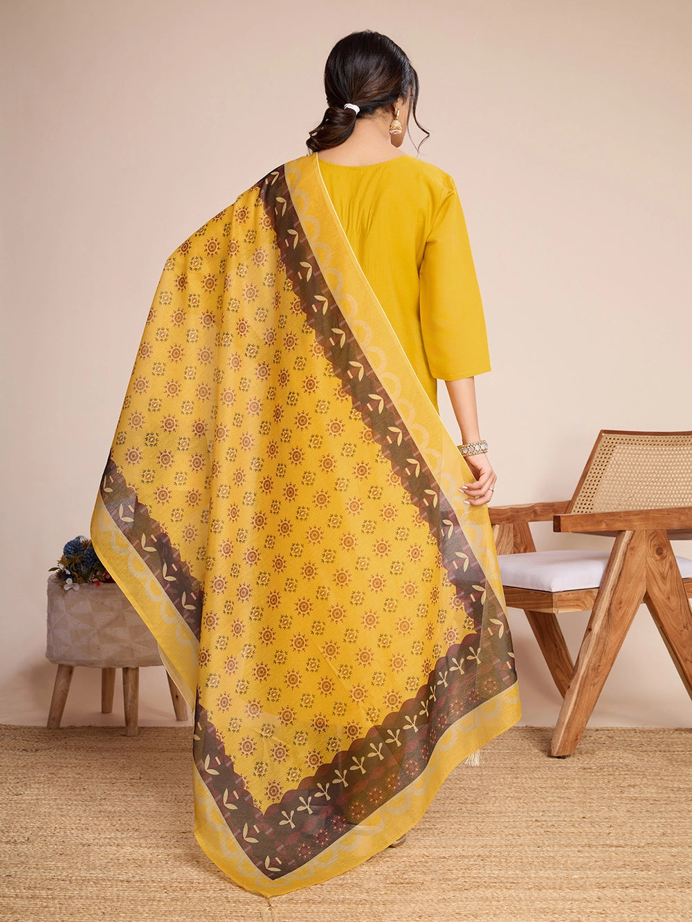 Mustard Yellow PV Chanderi Roman Silk Kurti Set - Rheycart
