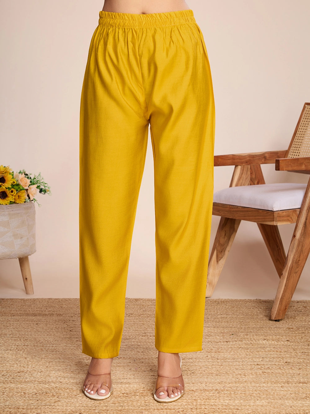 Mustard Yellow PV Chanderi Roman Silk Kurti Set - Rheycart