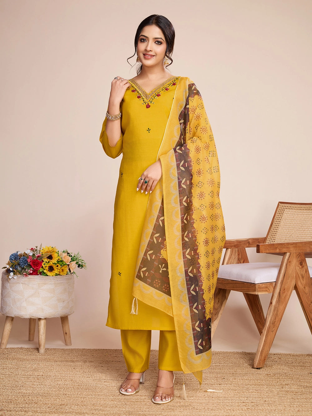 Mustard Yellow PV Chanderi Roman Silk Kurti Set - Rheycart