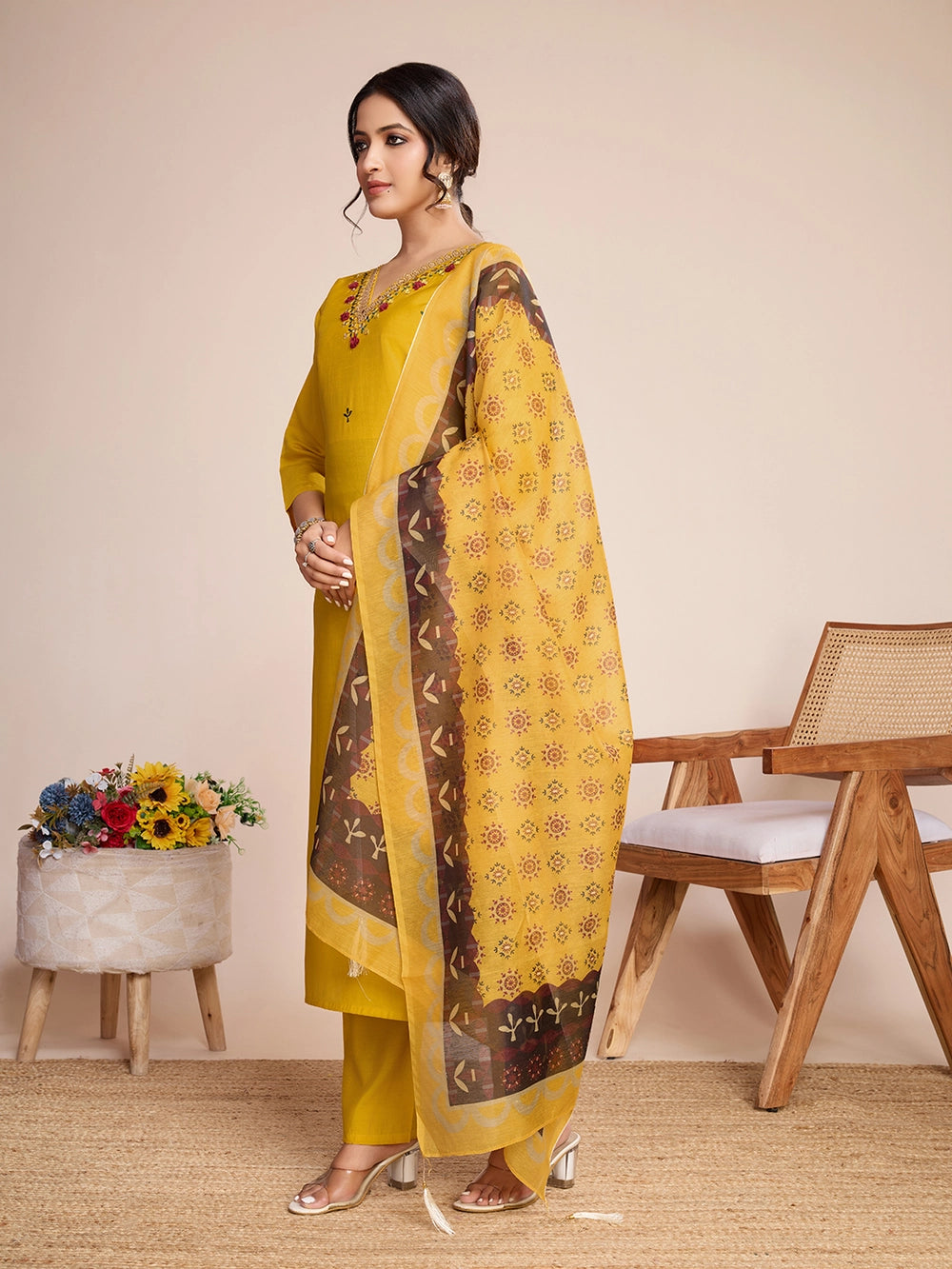 Mustard Yellow PV Chanderi Roman Silk Kurti Set - Rheycart