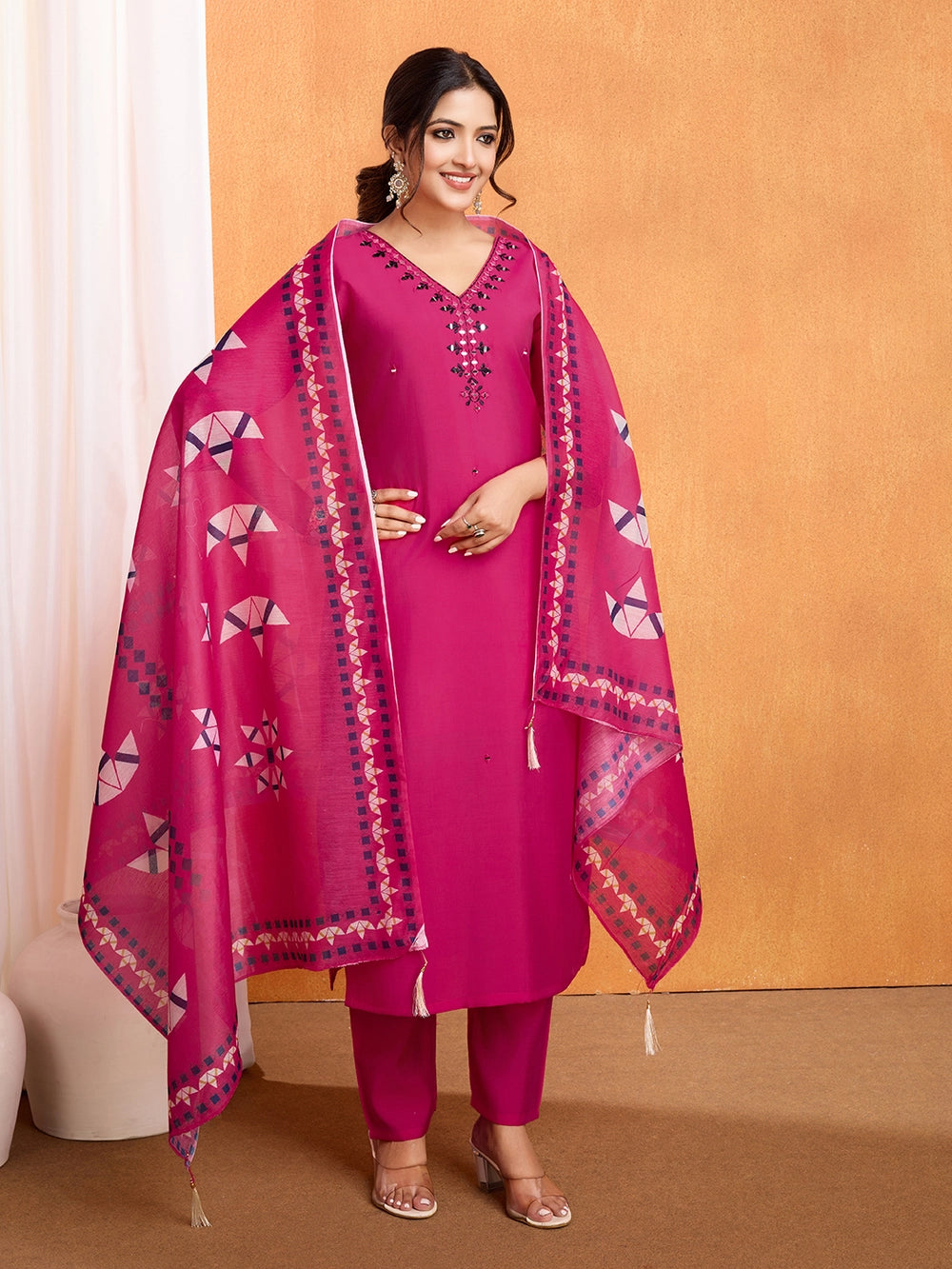 PV Chanderi Roman Silk Pink Color Kurti Set - Rheycart