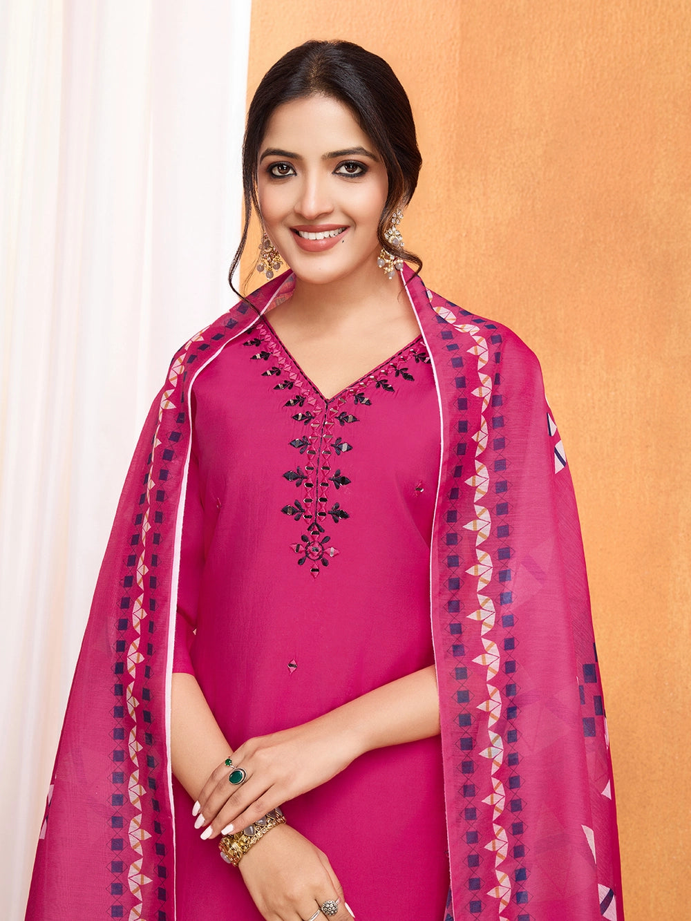 PV Chanderi Roman Silk Pink Color Kurti Set - Rheycart