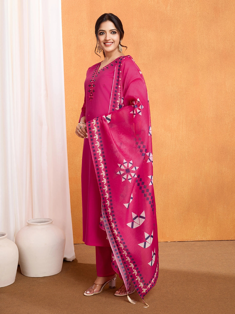 PV Chanderi Roman Silk Pink Color Kurti Set - Rheycart