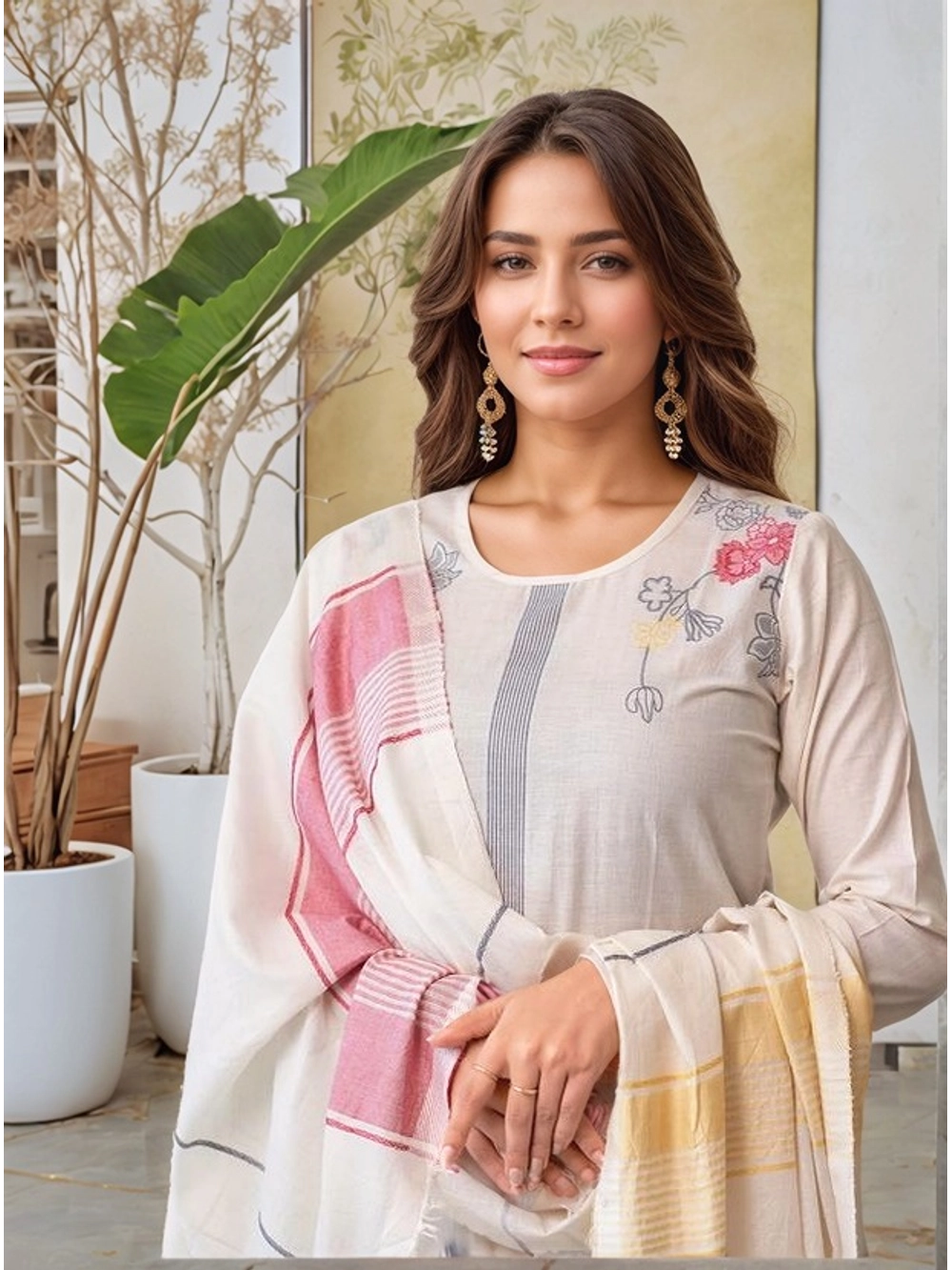 Floral Printed Cotton Kurti Set With Dupatta - Rheycart