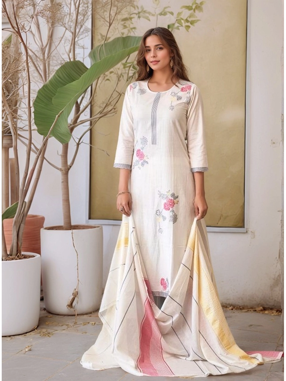 Floral Printed Cotton Kurti Set With Dupatta - Rheycart