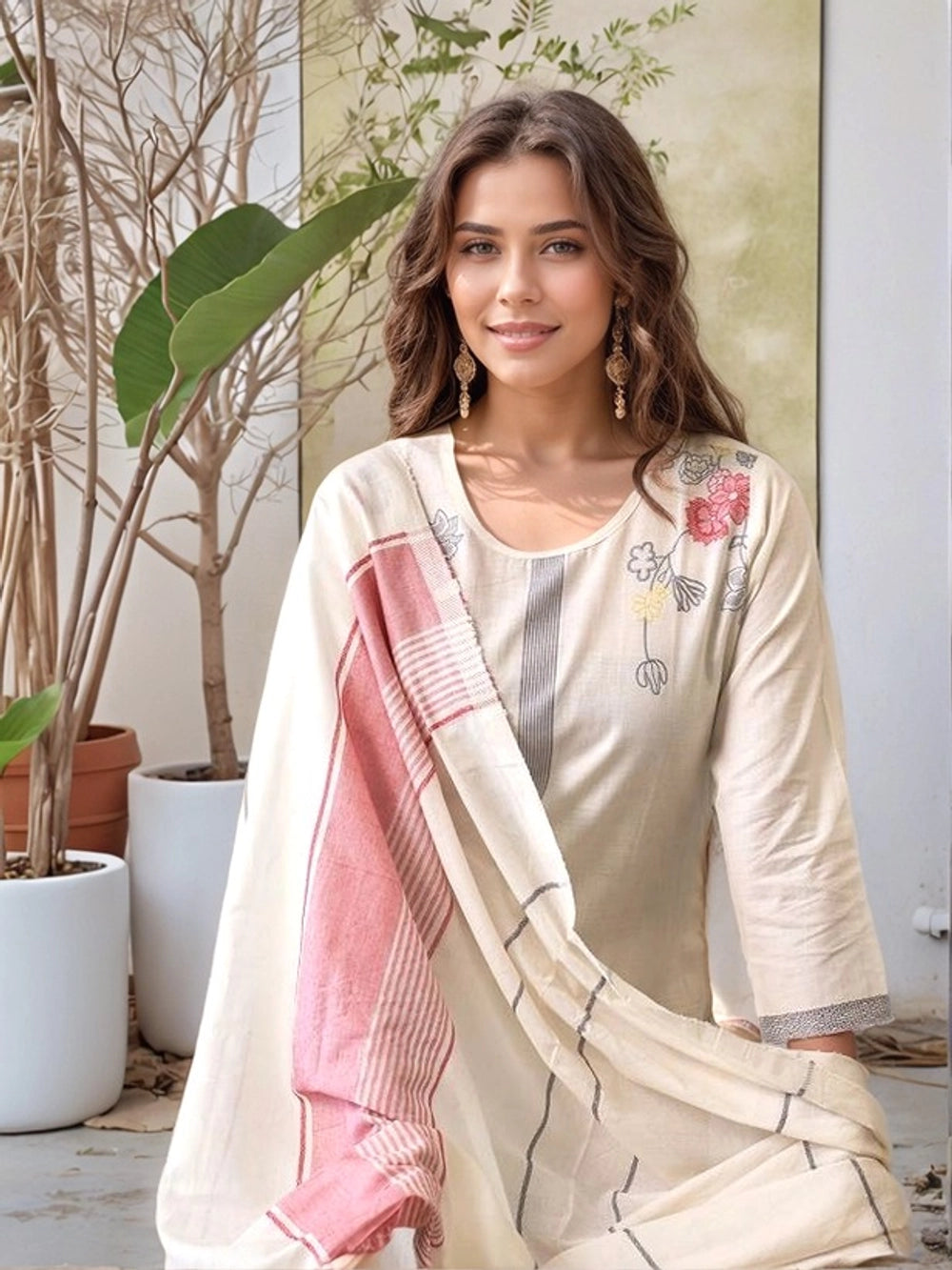 Floral Printed Cotton Kurti Set With Dupatta - Rheycart