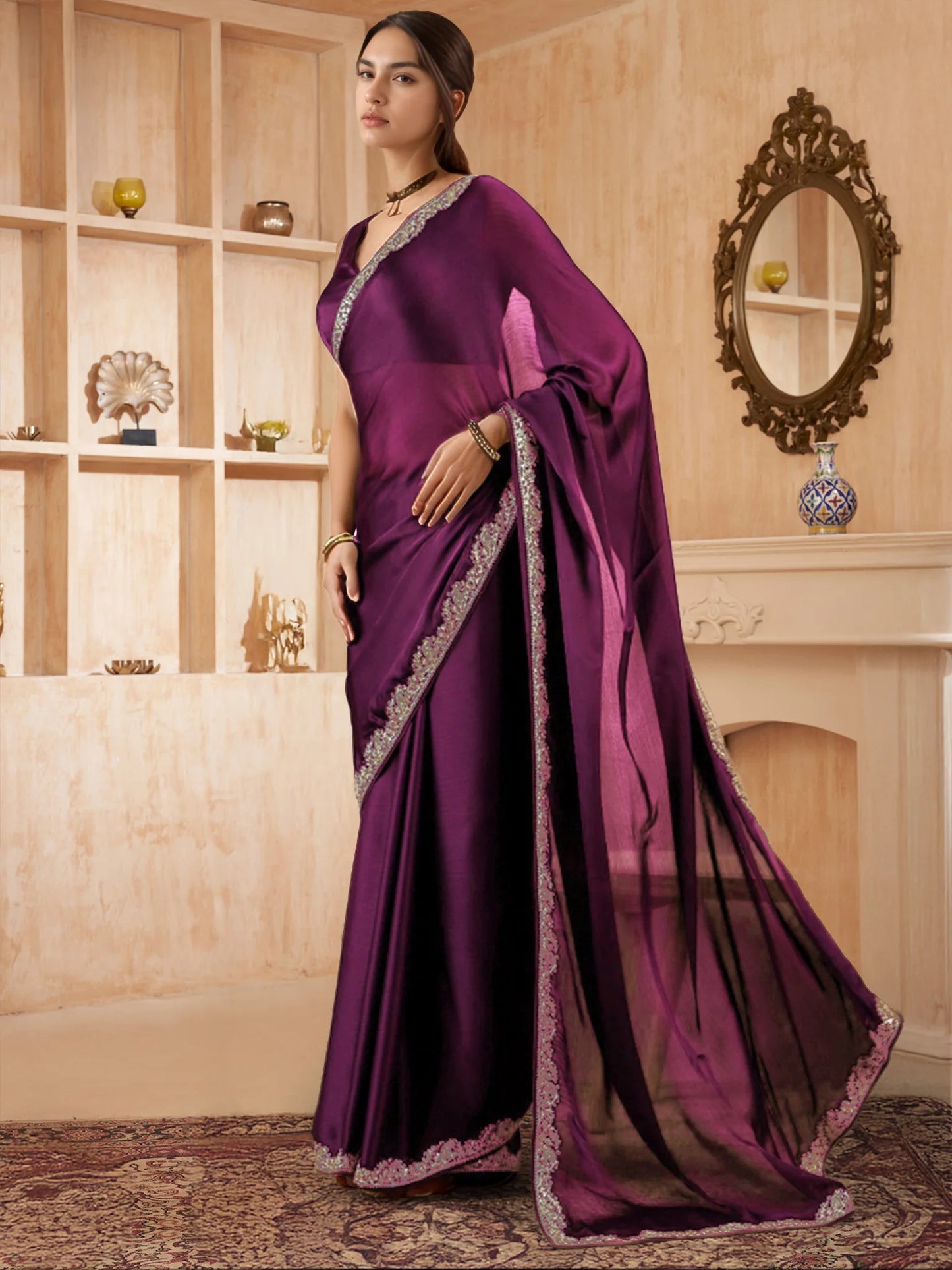 Wine Pure Silk Saree with Unstiched Plain Blouse - Rheycart