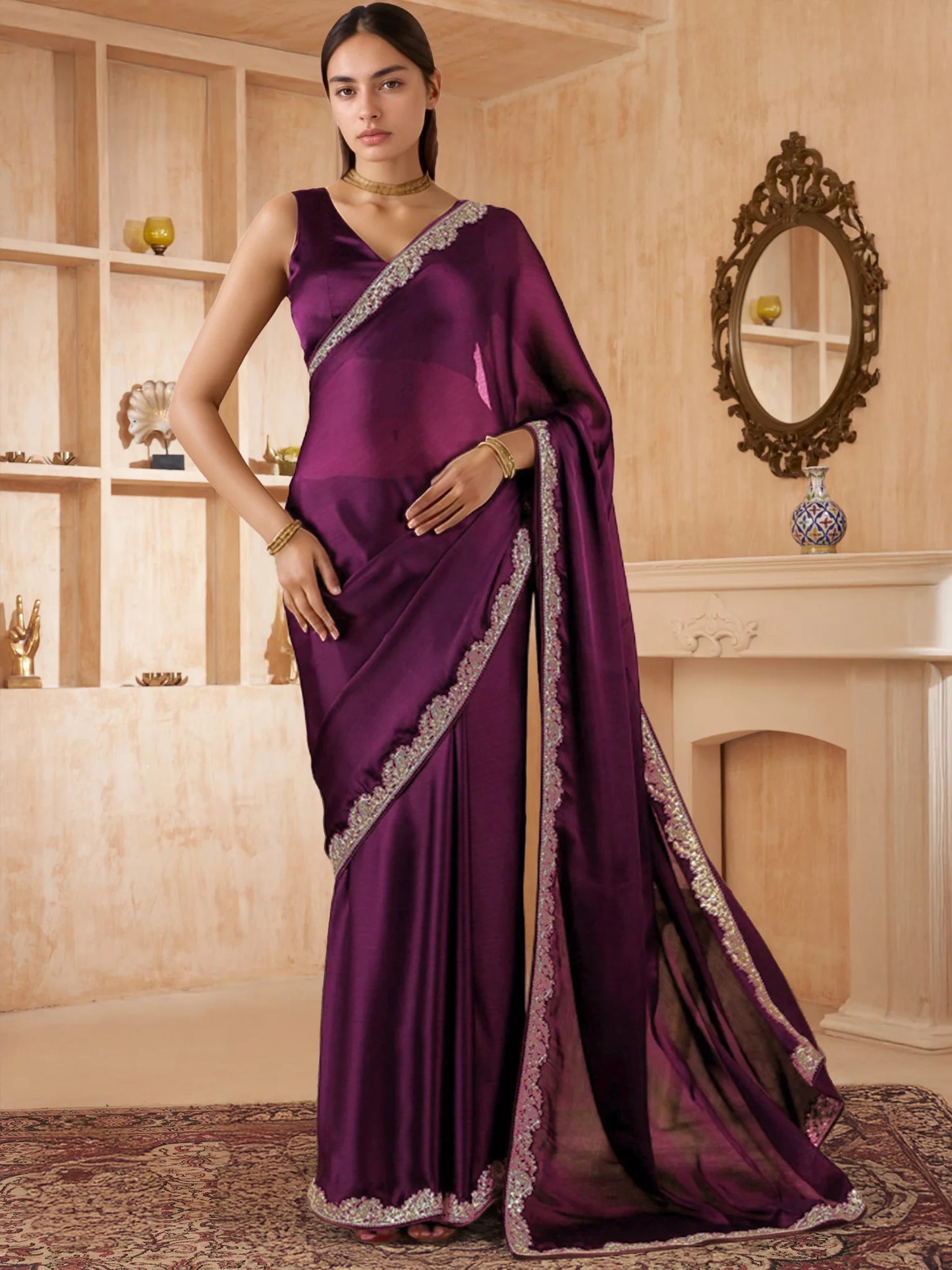 Wine Pure Silk Saree with Unstiched Plain Blouse - Rheycart