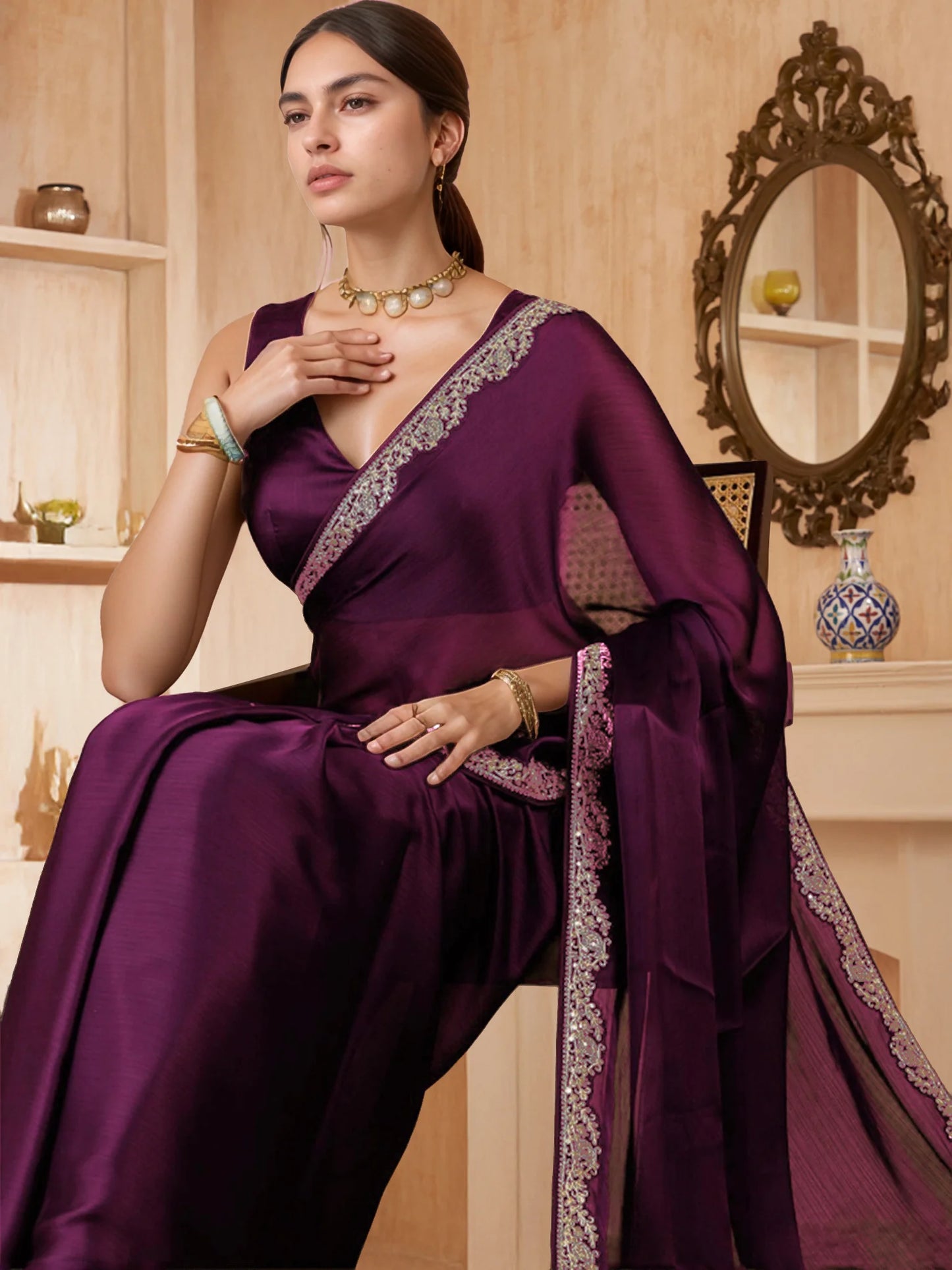 Wine Pure Silk Saree with Unstiched Plain Blouse - Rheycart