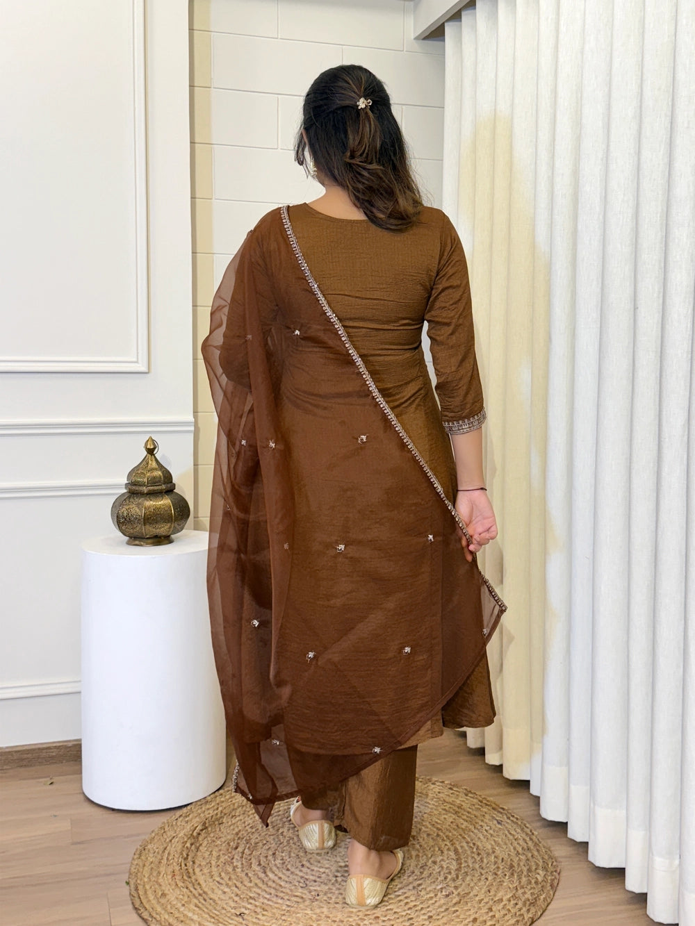Brown Vichitra Silk Embroidered Kurta Set
