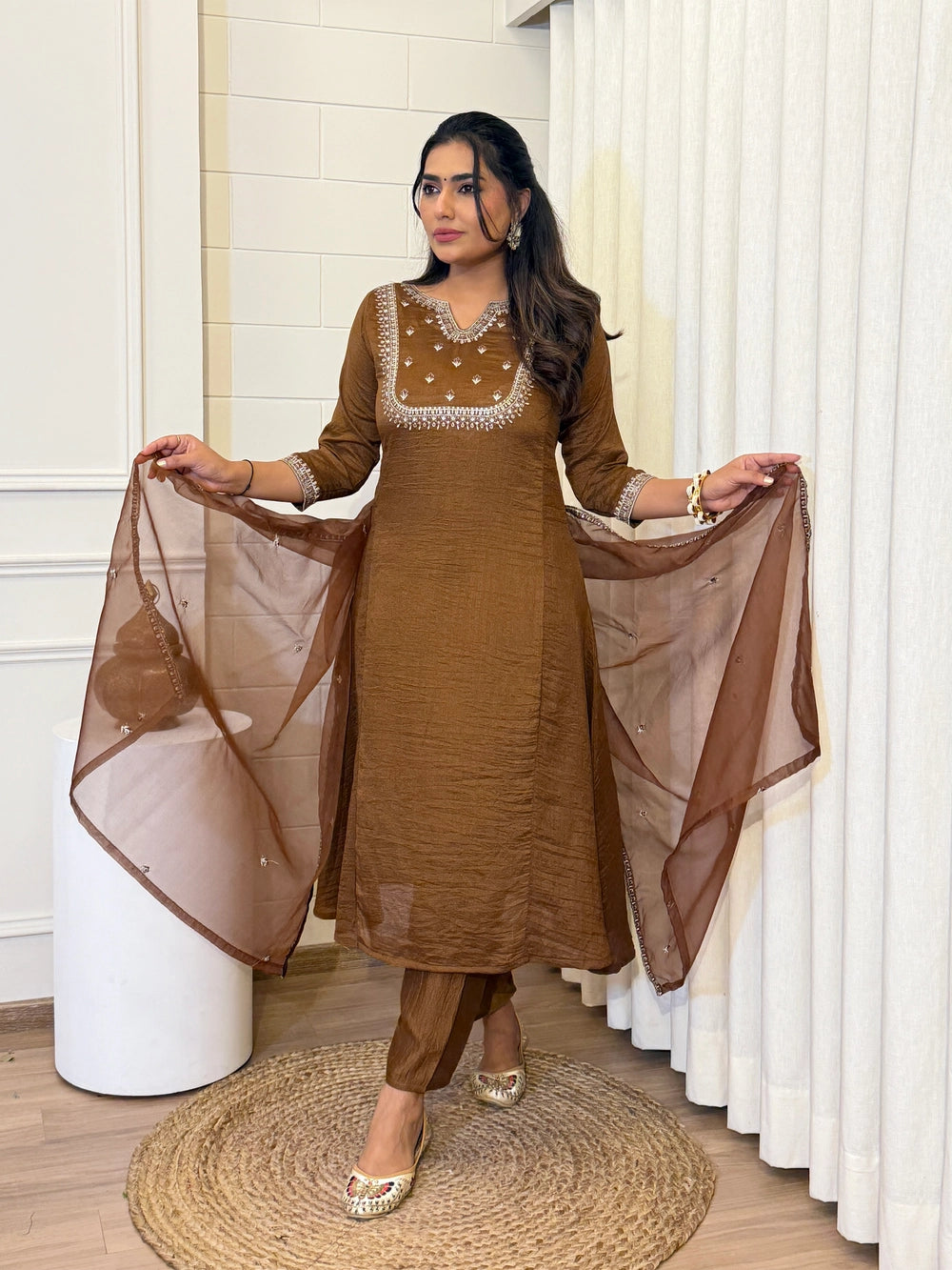 Brown Vichitra Silk Embroidered Kurta Set