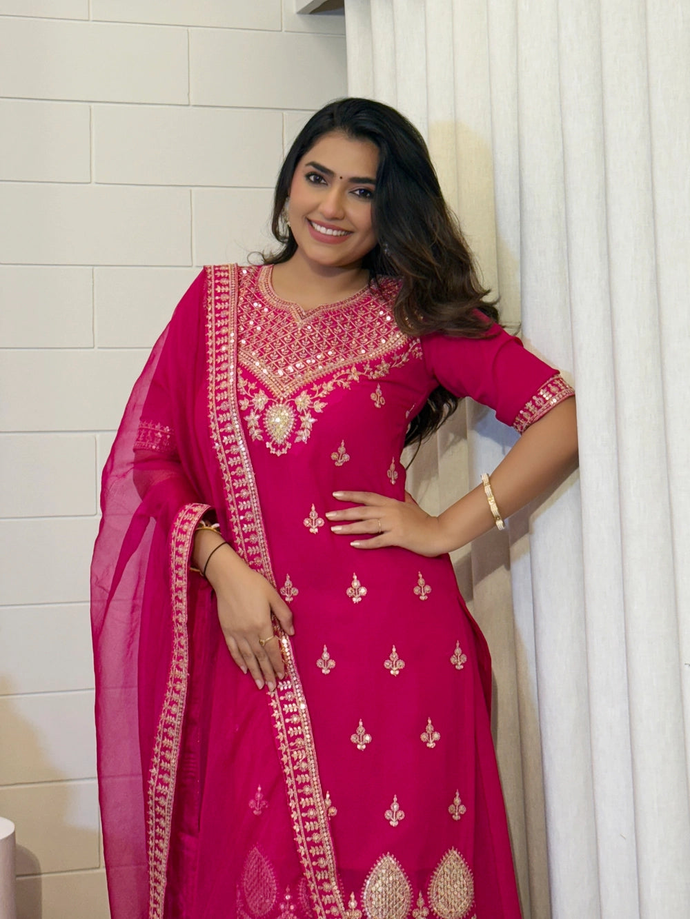 Pink Embroidered Kurti Set with Palazzo and Dupatta