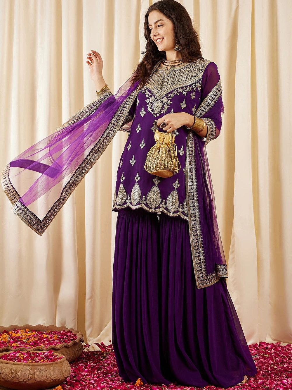 Stylish purple embroidered kurti set for weddings and parties