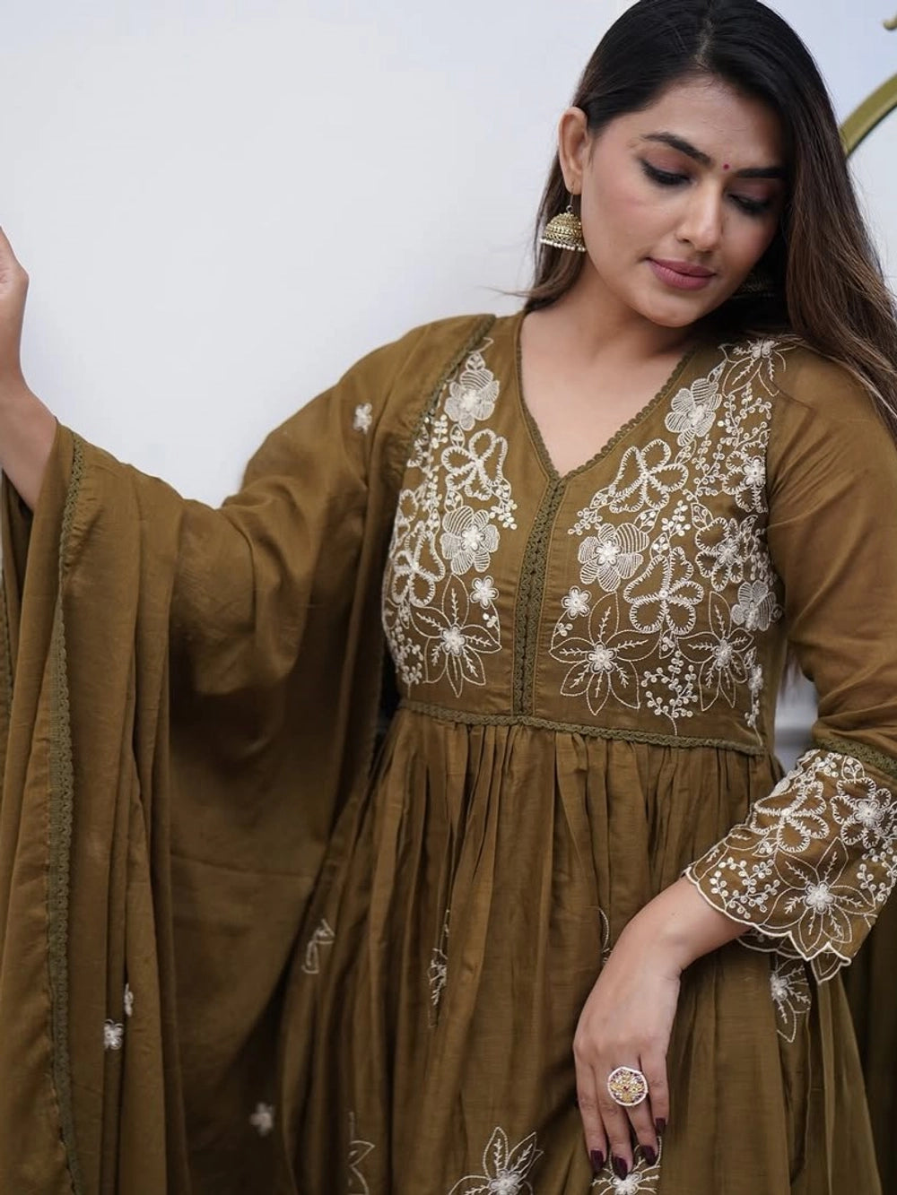 Premium olive Anarkali kurta set with intricate embroidery work