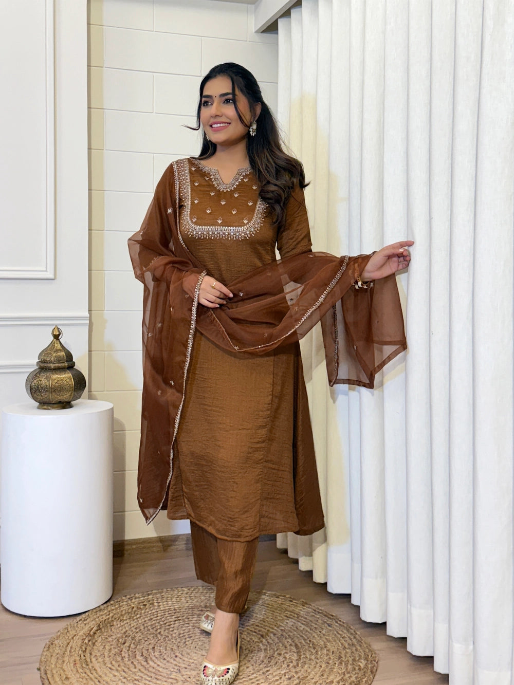 Brown Vichitra Silk Embroidered Kurta Set