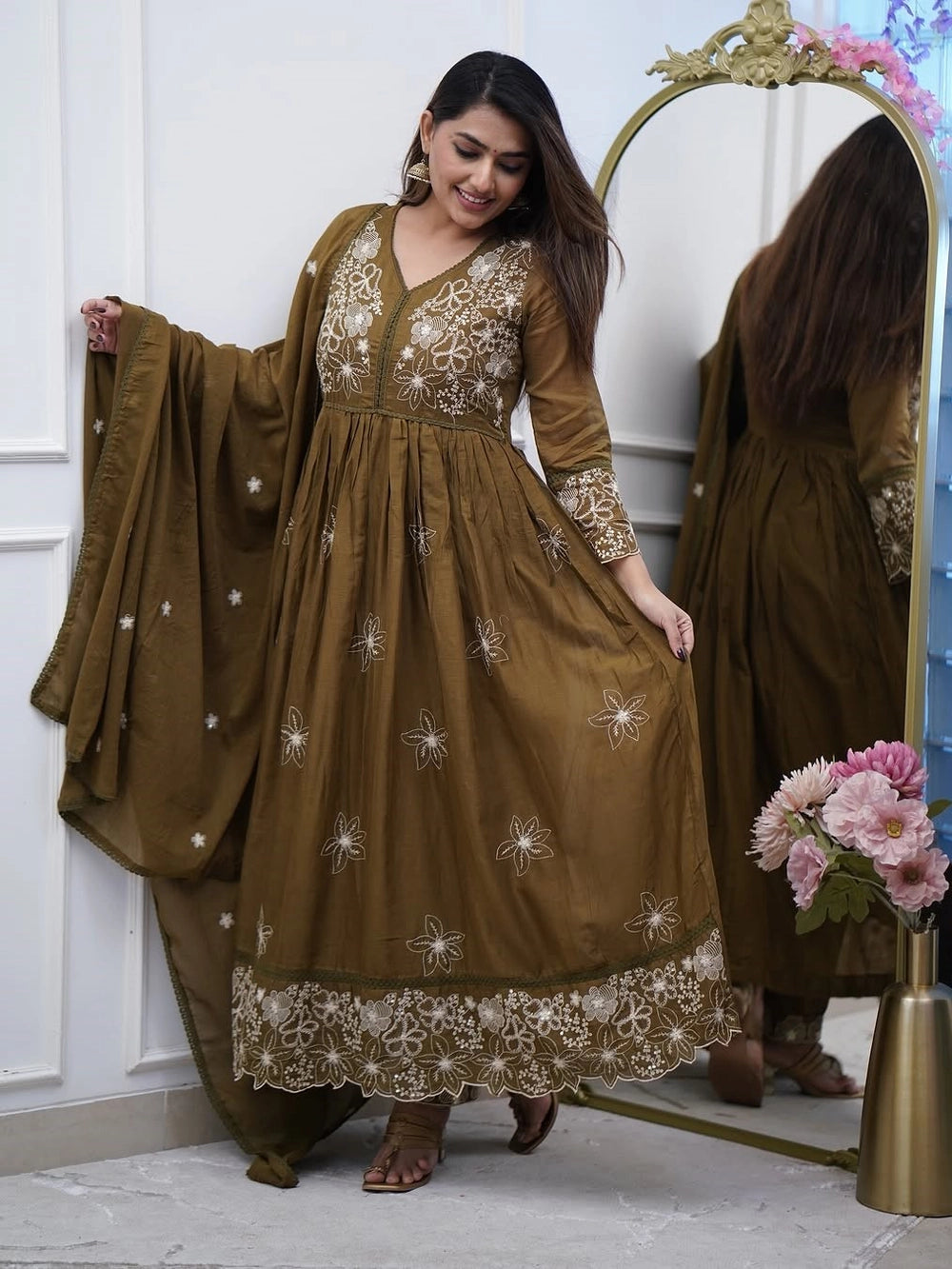 Rhey designer embroidered olive Anarkali kurta set for occasions