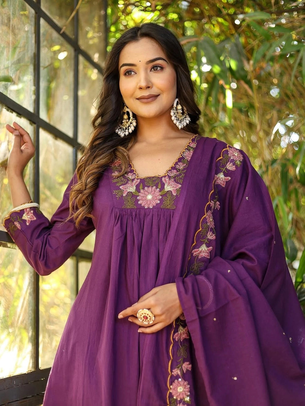 Purple Soft Rayon Slub Anarkali Kurti Bottom With Dupatta