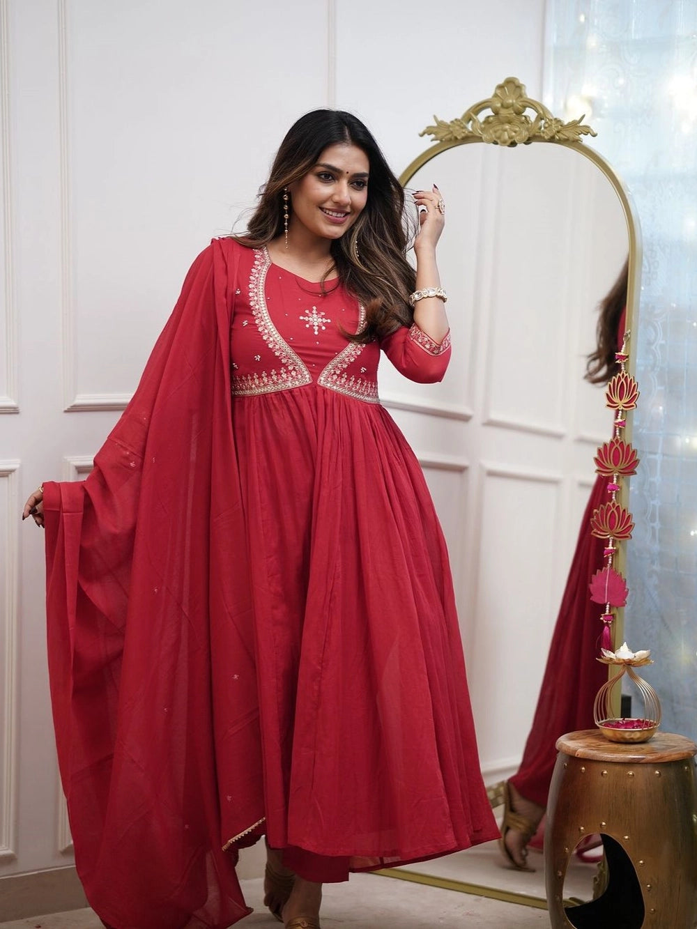 Red Embroidered Anarkali Kurti Set with Dupatta