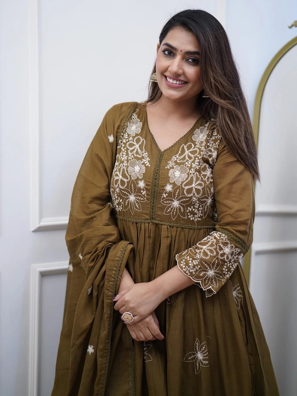 Stylish heavy embroidered olive Anarkali kurta set for women
