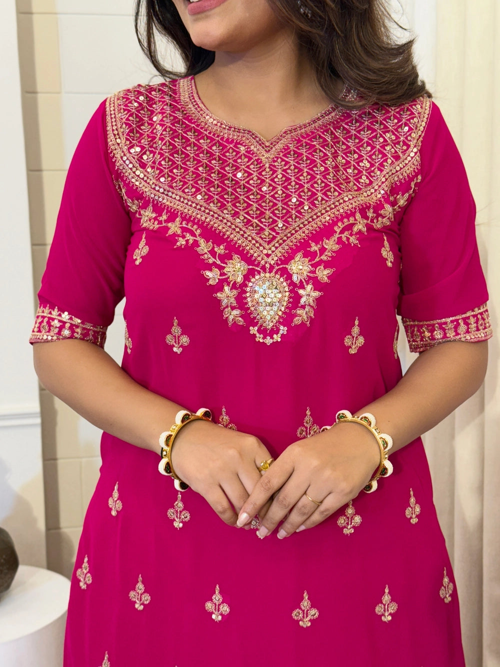 Pink Embroidered Kurti Set with Palazzo and Dupatta