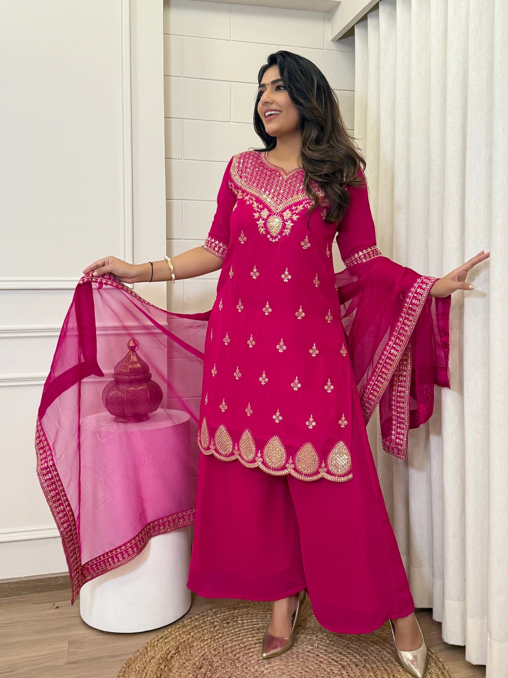 Pink Embroidered Kurti Set with Palazzo and Dupatta