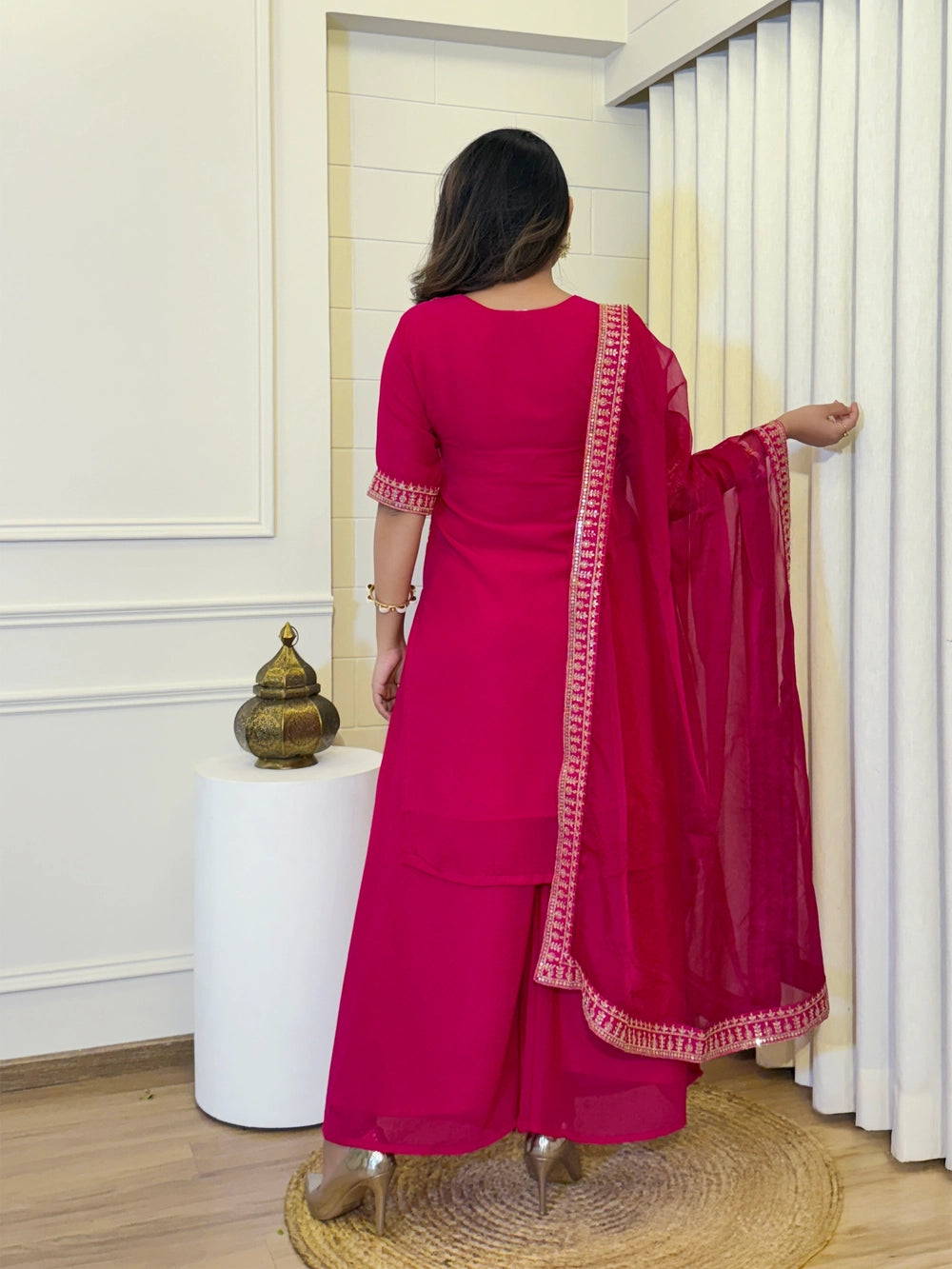 Pink Embroidered Kurti Set with Palazzo and Dupatta