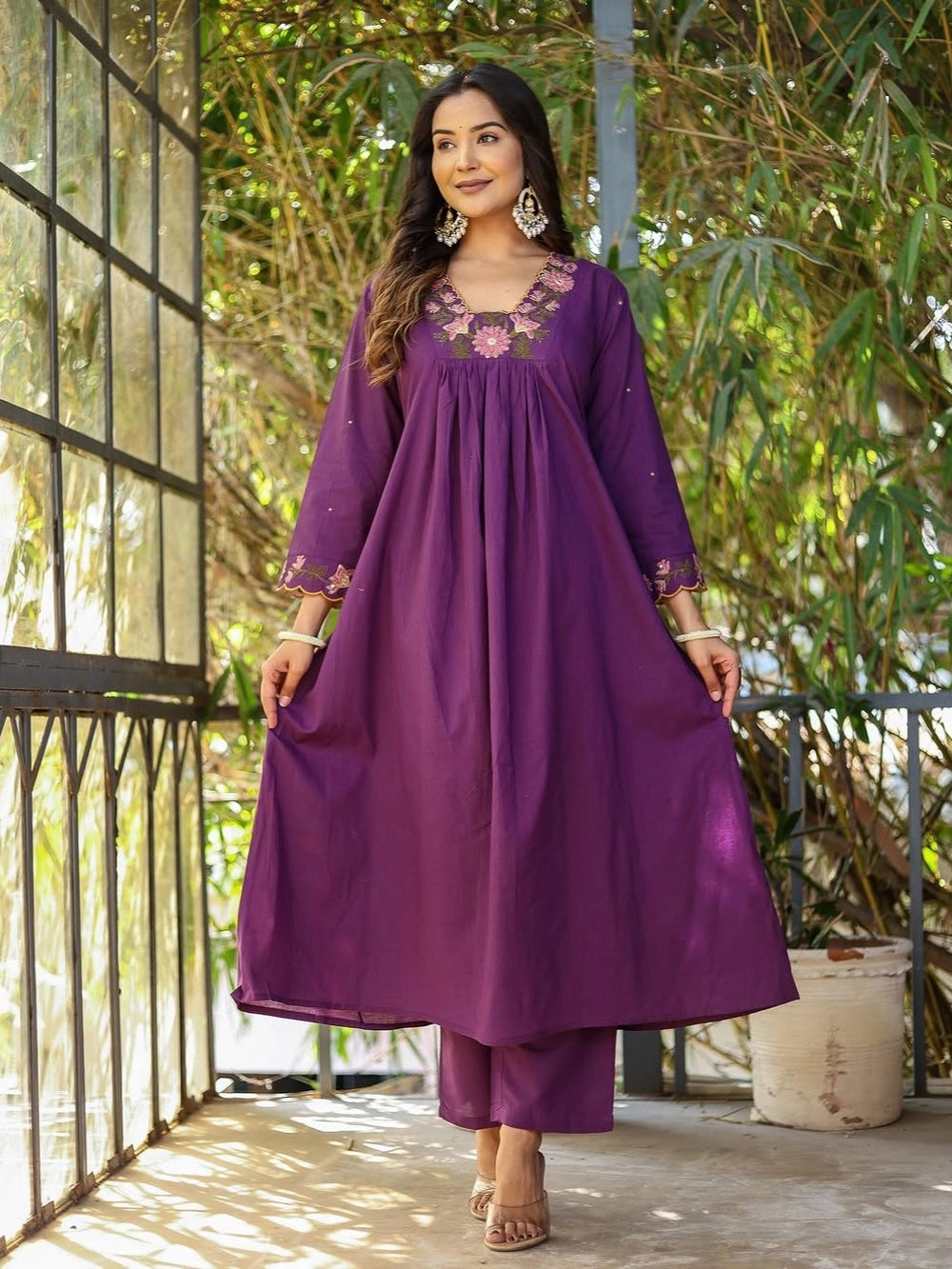 Purple Soft Rayon Slub Anarkali Kurti Bottom With Dupatta