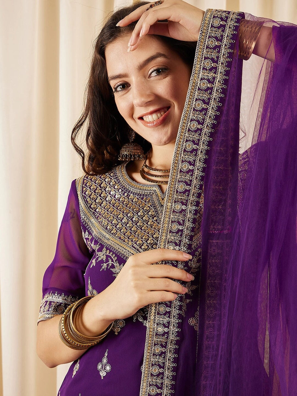 Elegant purple kurti set with embroidery, palazzo, and matching dupatta