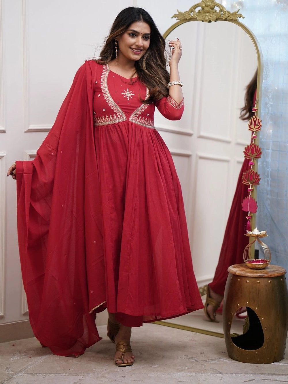 Red Embroidered Anarkali Kurti Set with Dupatta