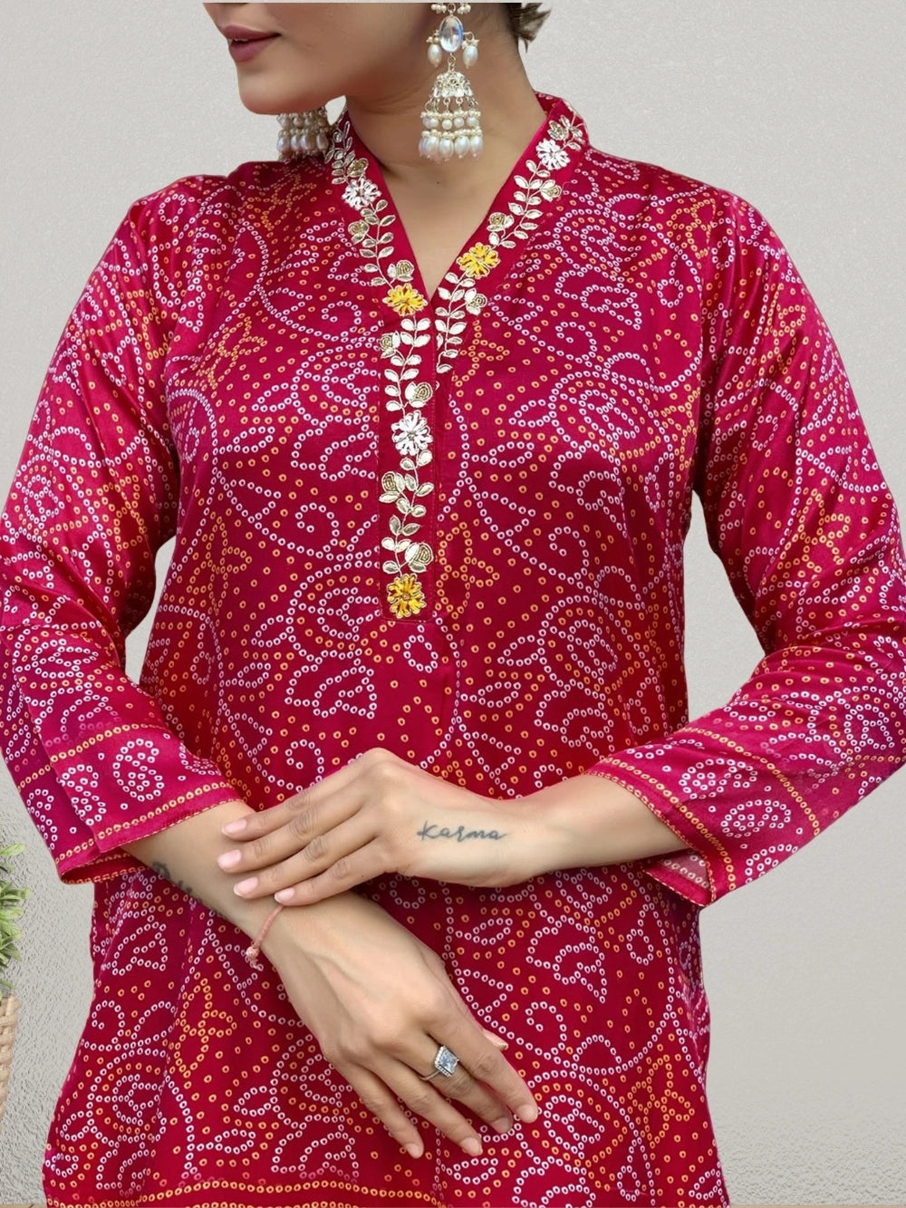 Rhey traditional Bandhani printed kurta set in red silk blend