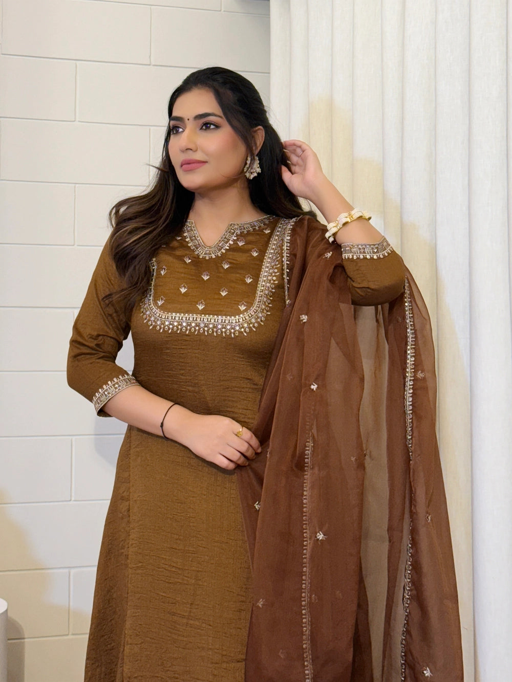 Brown Vichitra Silk Embroidered Kurta Set