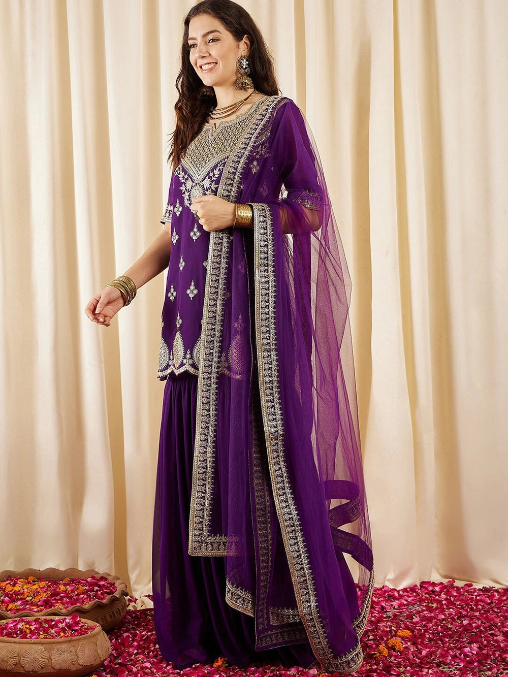 Purple ethnic embroidered kurti with palazzo and soft dupatta