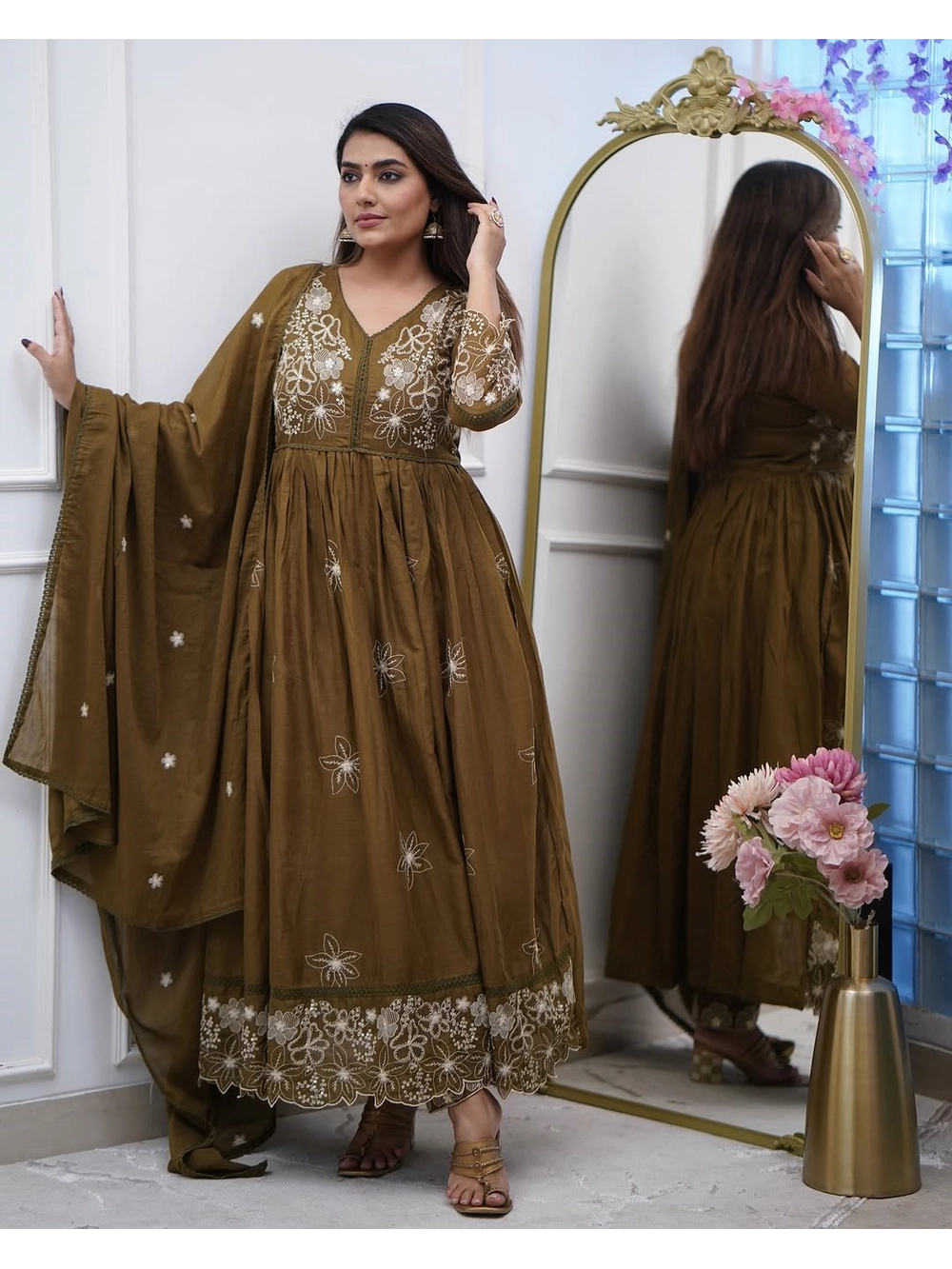 Elegant olive Anarkali kurta set with heavy embroidery by Rhey