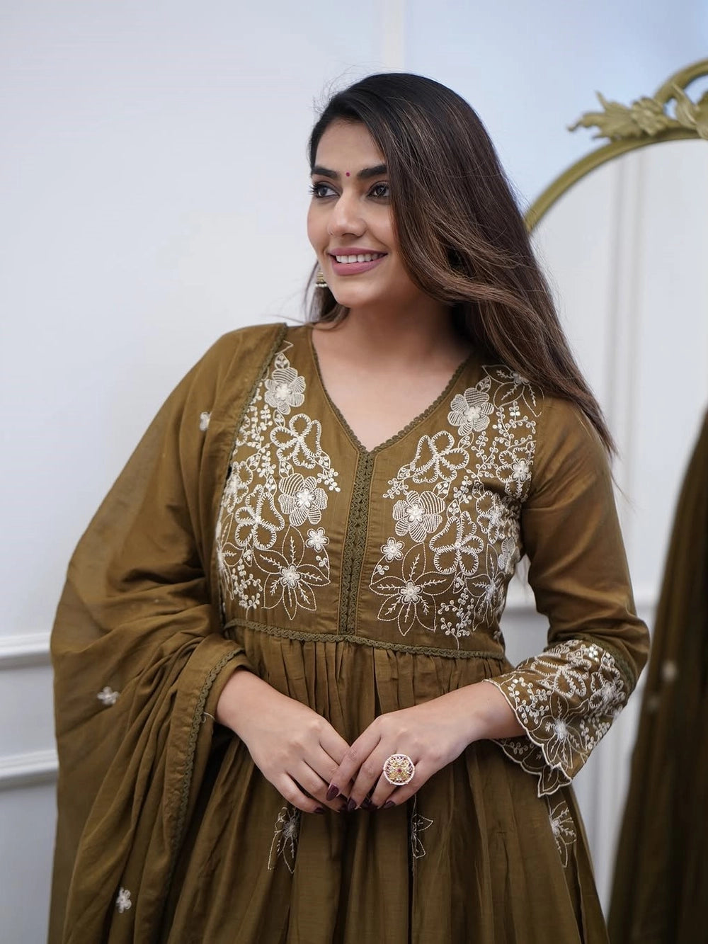 Olive ethnic Anarkali kurta set with dupatta and detailed embroidery