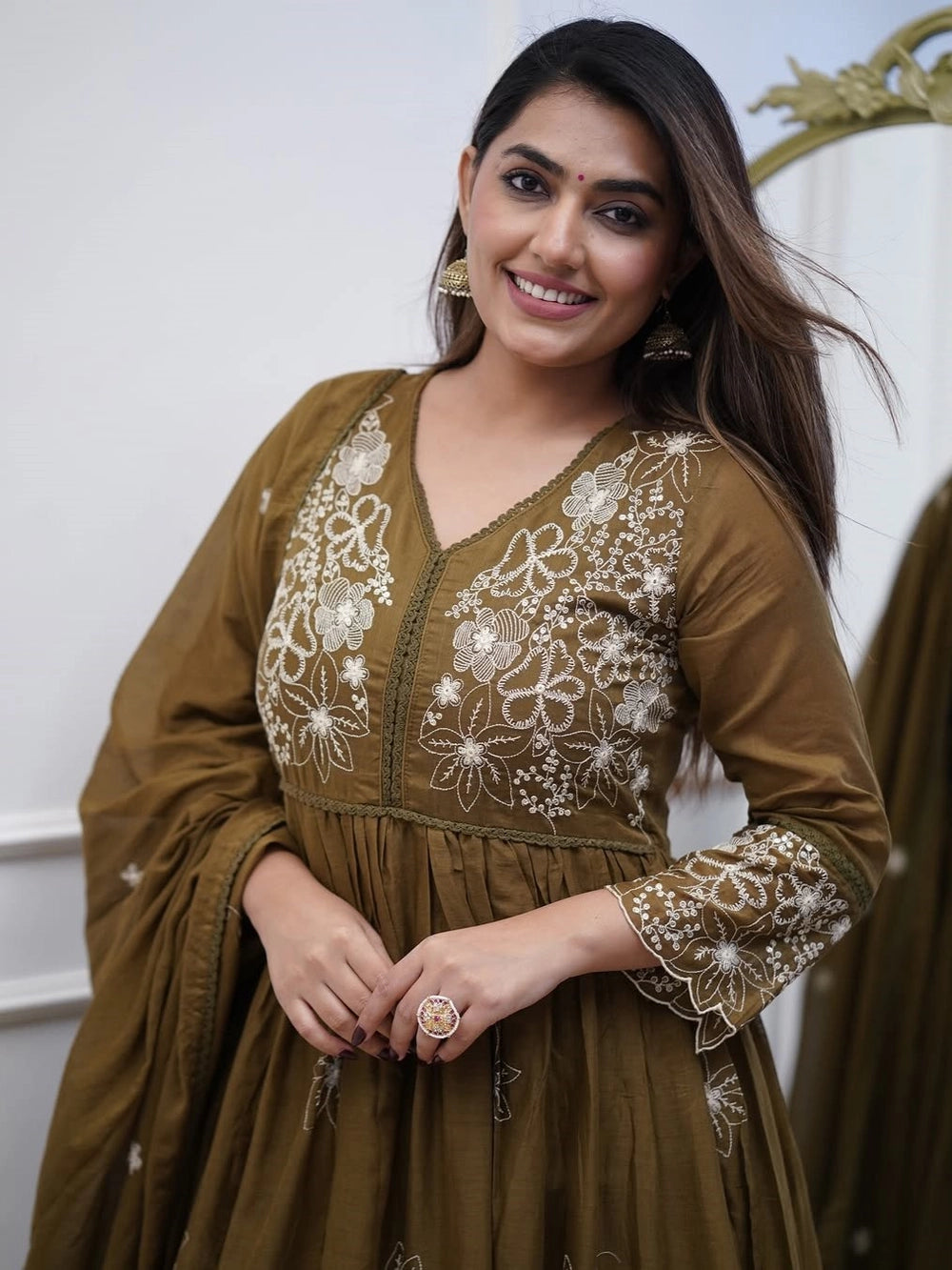 Rhey olive embroidered Anarkali kurta set with traditional charm