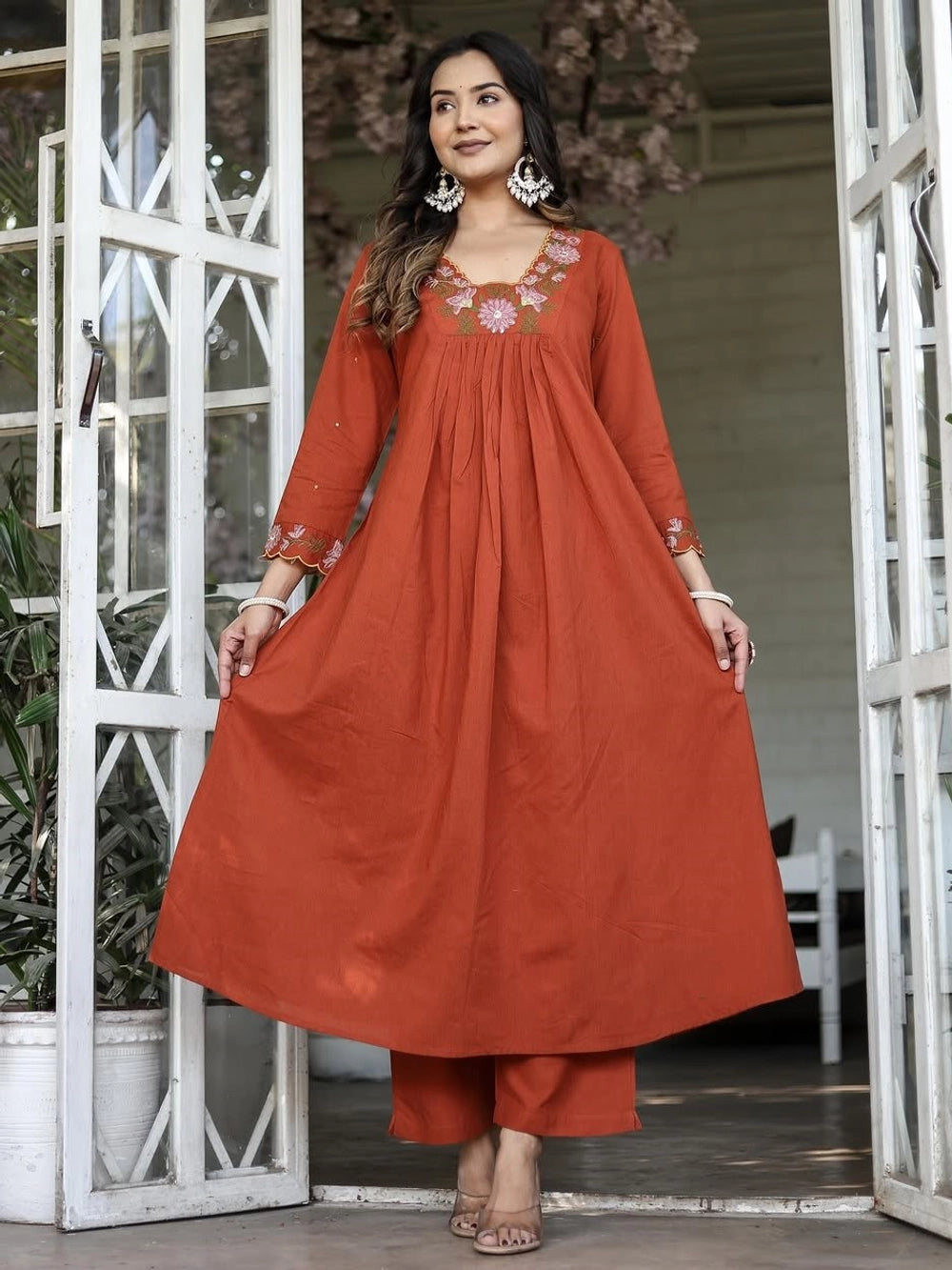 Orange Soft Rayon Slub Anarkali Kurti Bottom With Dupatta