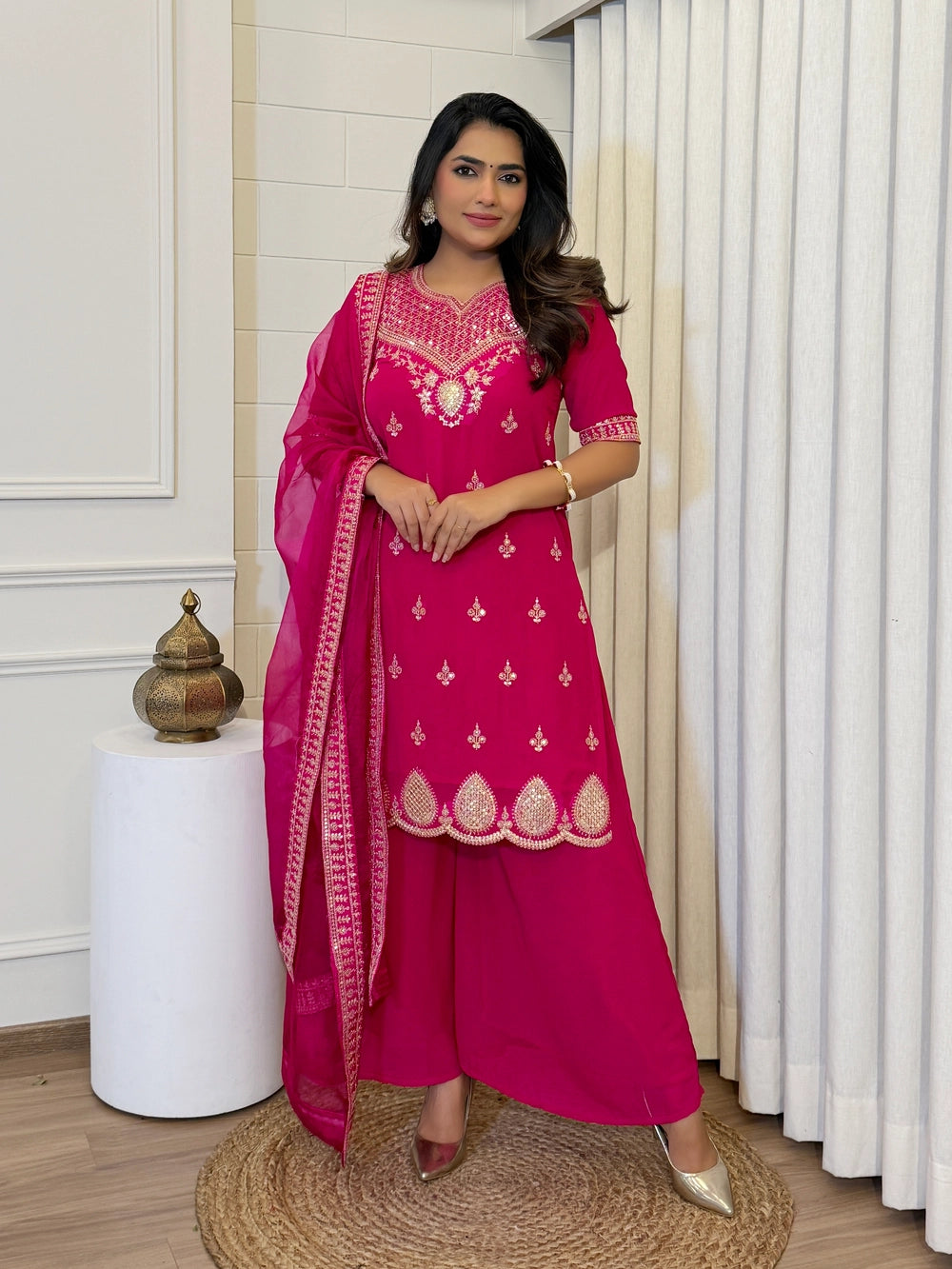 Pink Embroidered Kurti Set with Palazzo and Dupatta
