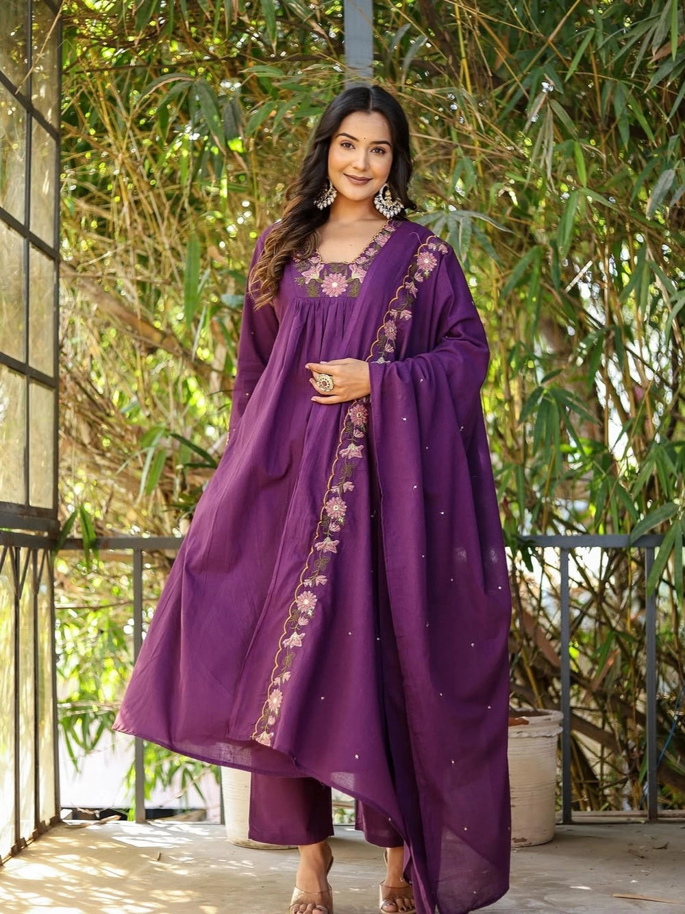 Purple Soft Rayon Slub Anarkali Kurti Bottom With Dupatta