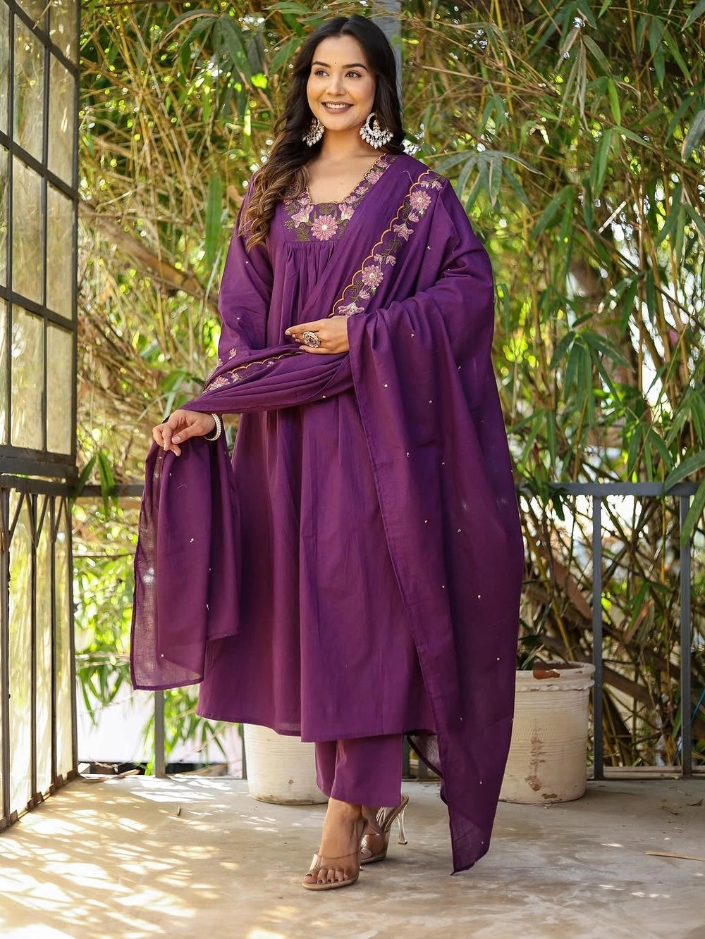Purple Soft Rayon Slub Anarkali Kurti Bottom With Dupatta