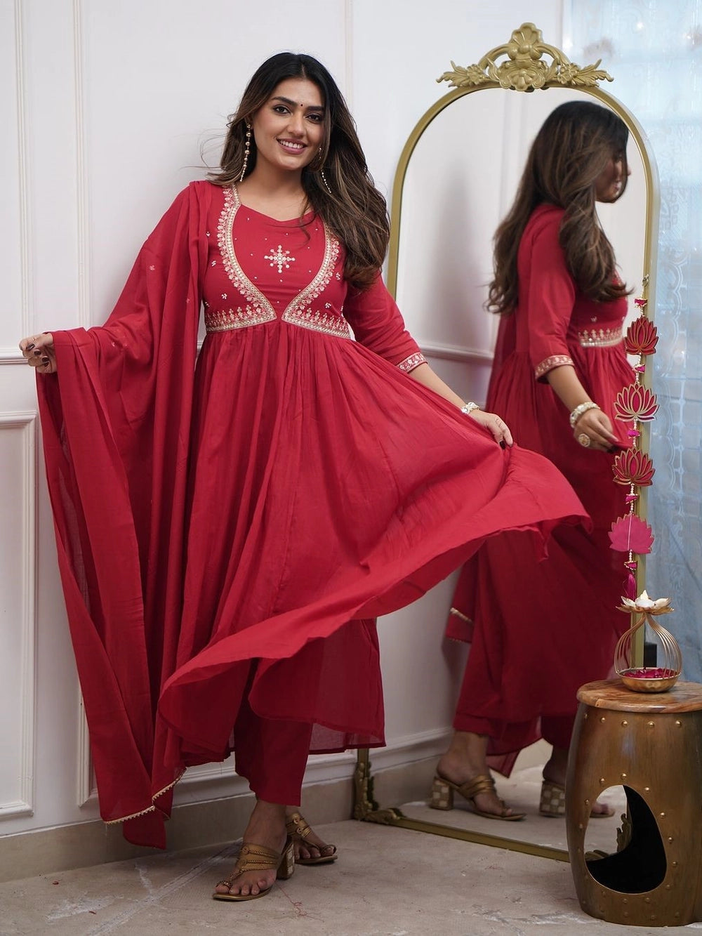 Red Embroidered Anarkali Kurti Set with Dupatta