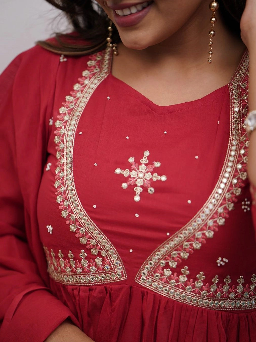 Red Embroidered Anarkali Kurti Set with Dupatta
