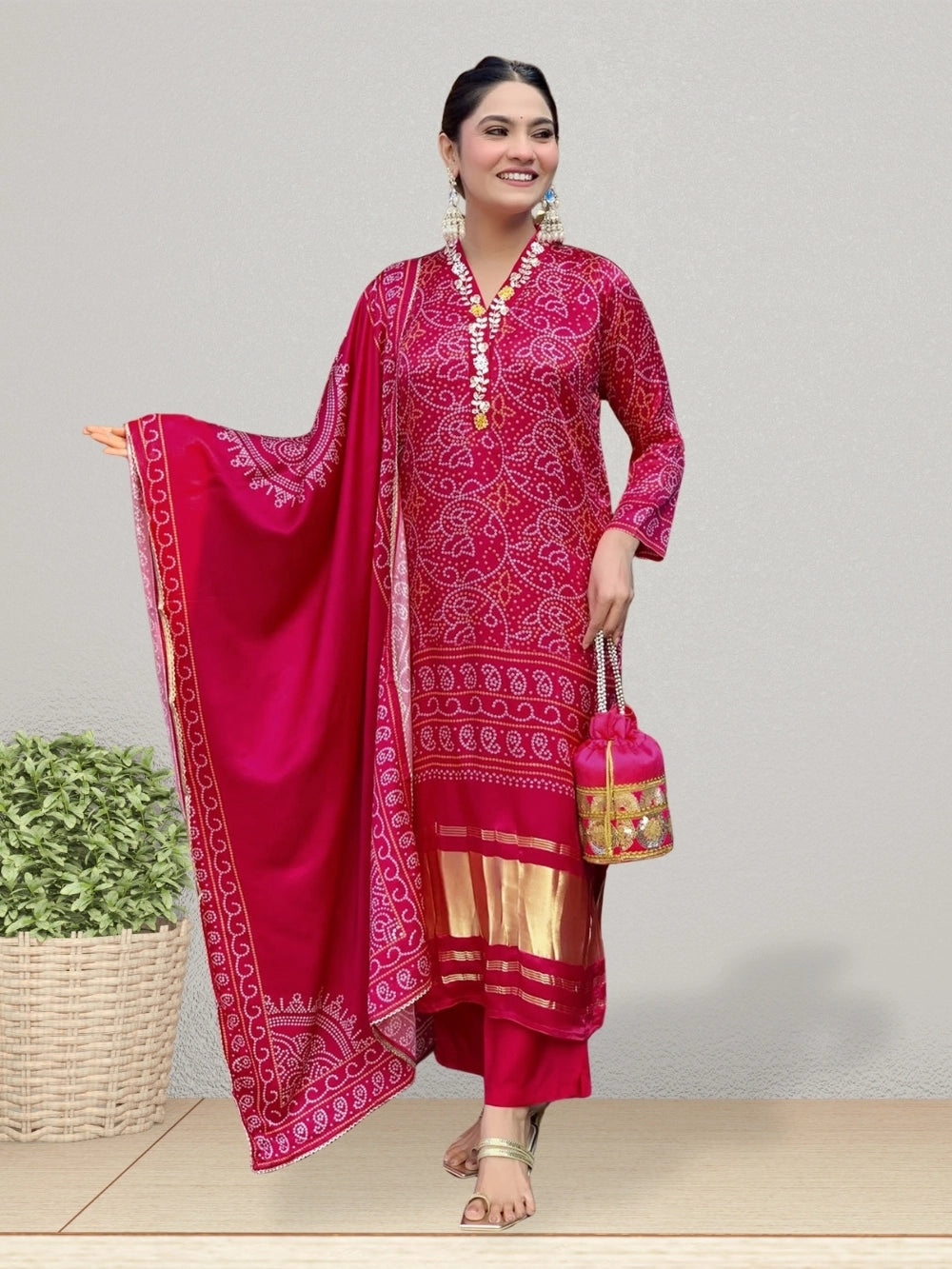Rhey Bandhani print kurta set in red viscose silk for occasions