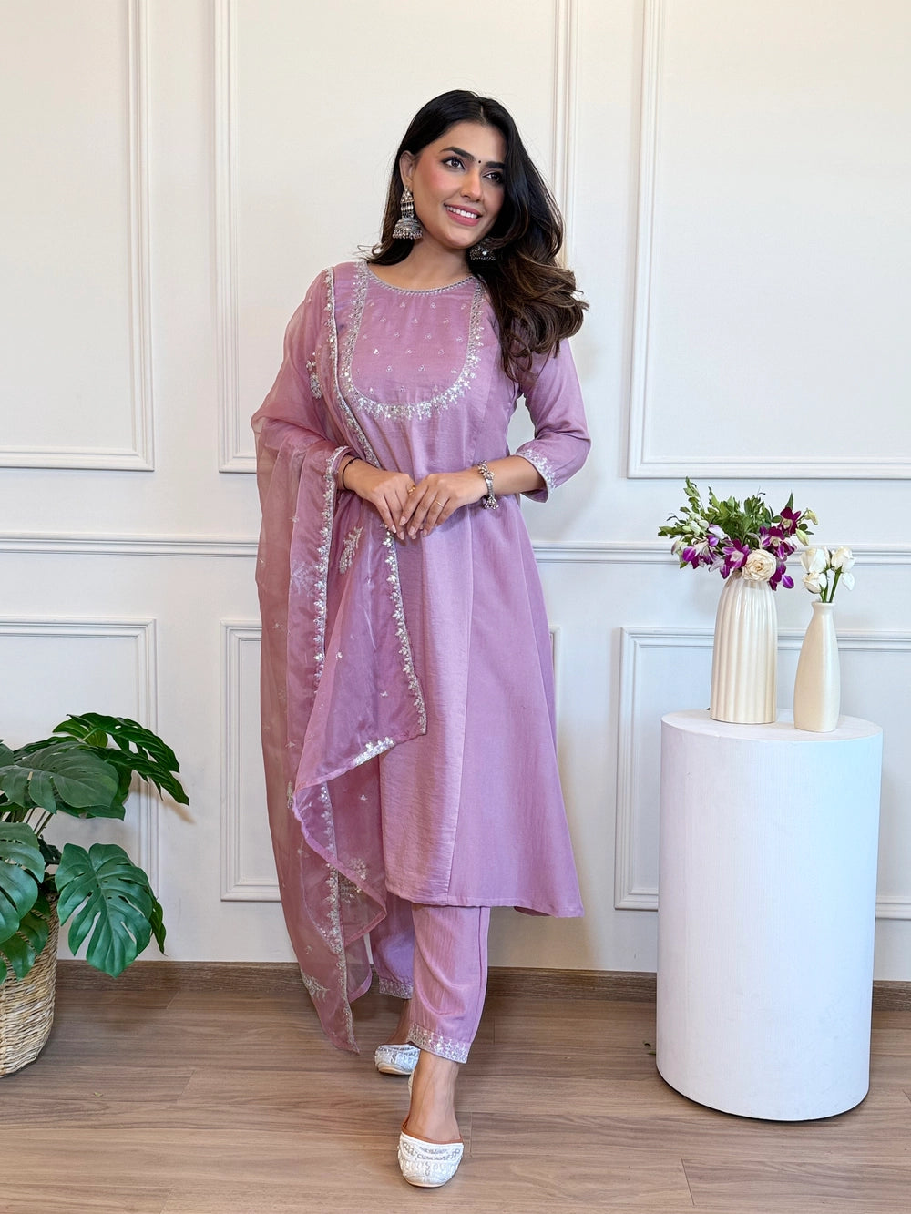 Lavender silk blend kurta set designed for festive occasions