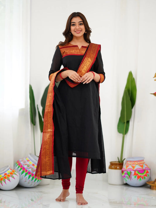 Kurti and Dupatta Pure Kanchi Cotton in Black - Rheycart