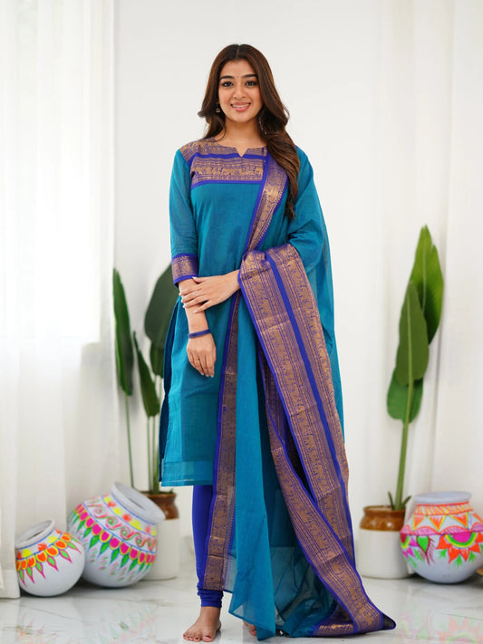 Pure Kanchi Cotton Firozi Color Kurti And Dupatta - Rheycart