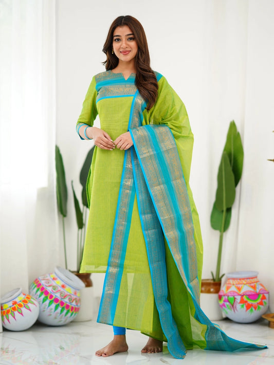 Kanchi Cotton Light Green Kurti And Dupatta For Women - Rheycart