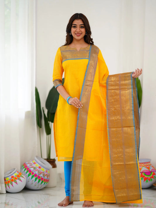 Yellow South Indian Kanchi Cotton Kurti And Dupatta - Rheycart